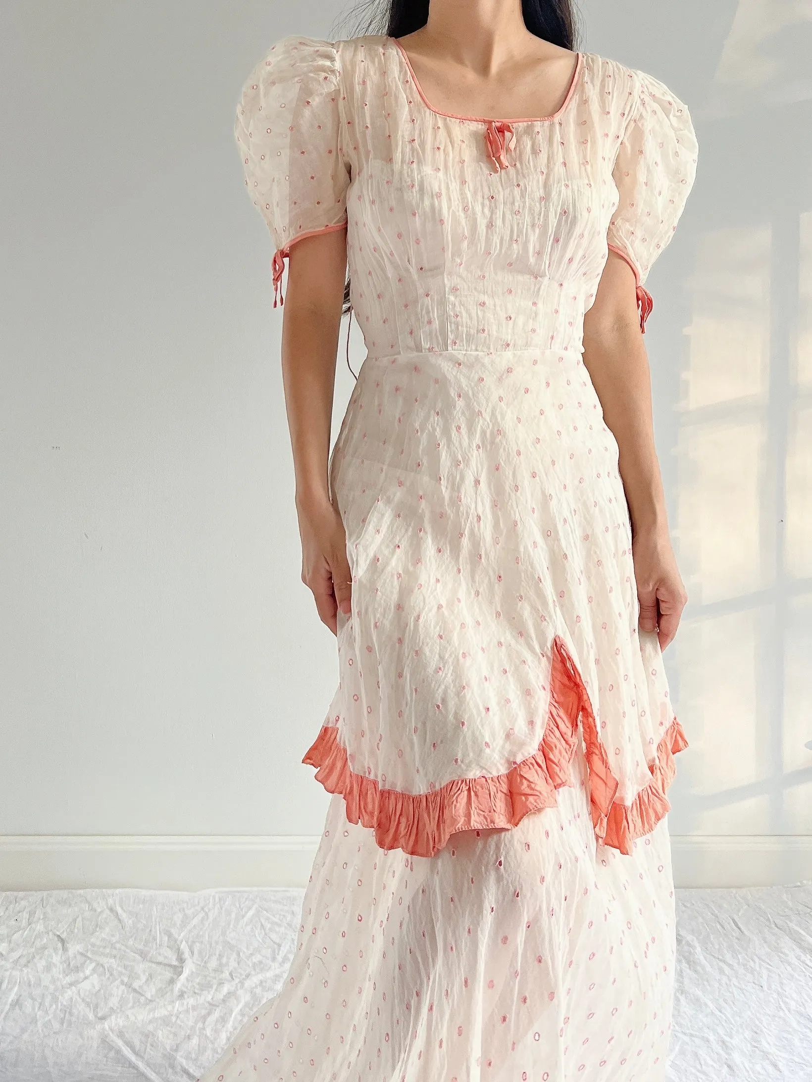 1930s Embroidered Organdy Dress - S