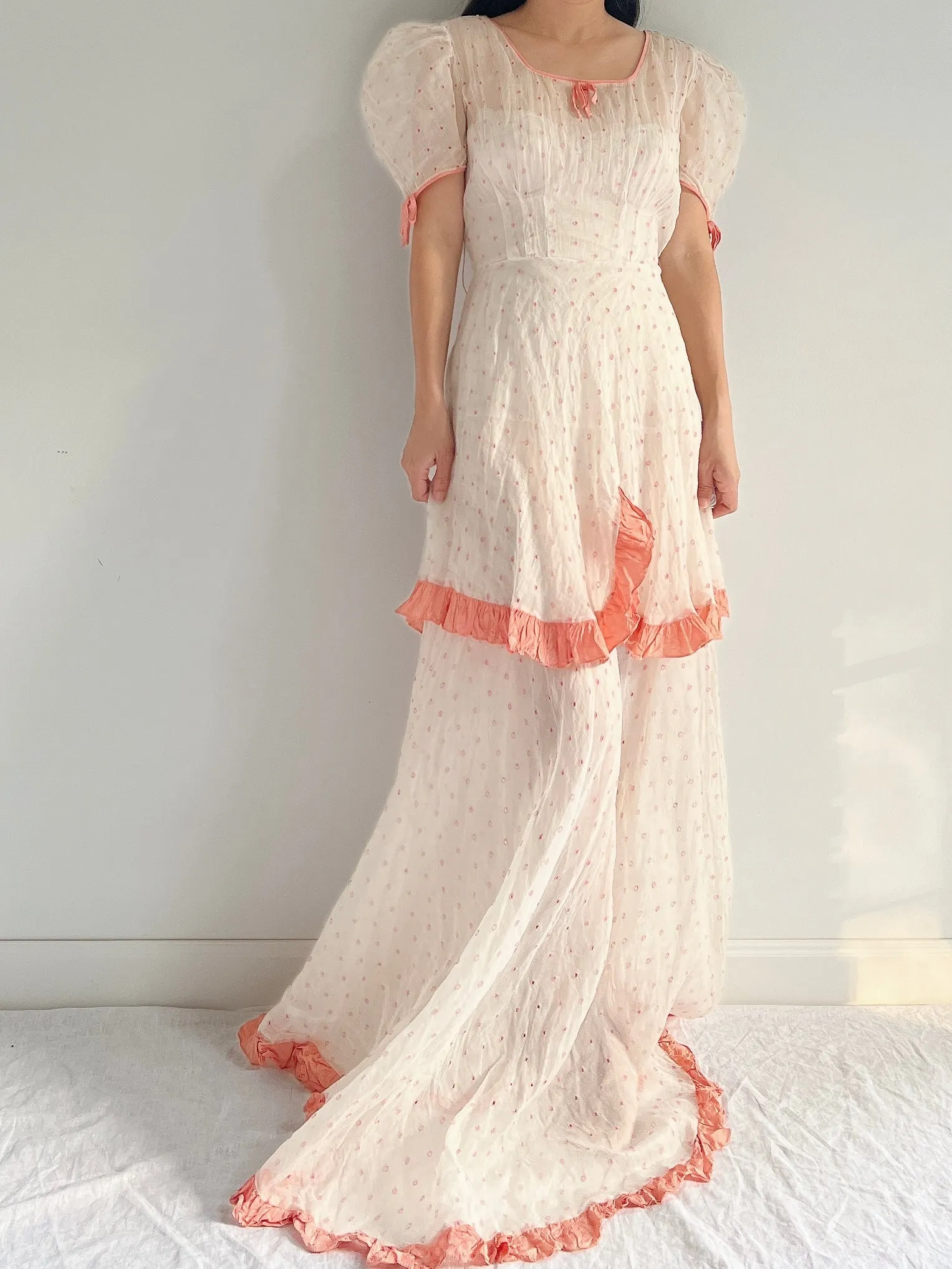 1930s Embroidered Organdy Dress - S