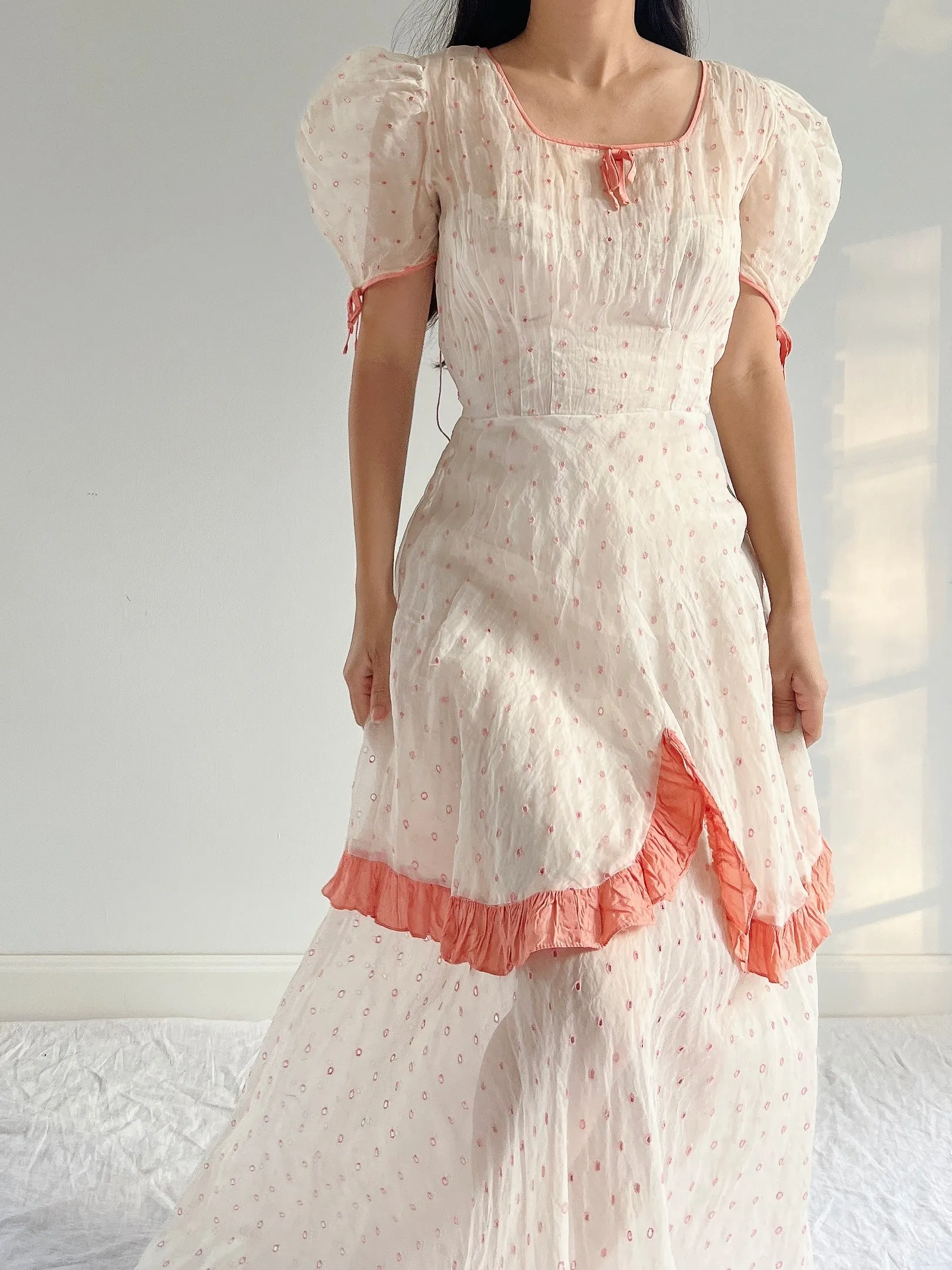 1930s Embroidered Organdy Dress - S
