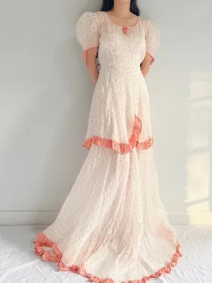 1930s Embroidered Organdy Dress - S