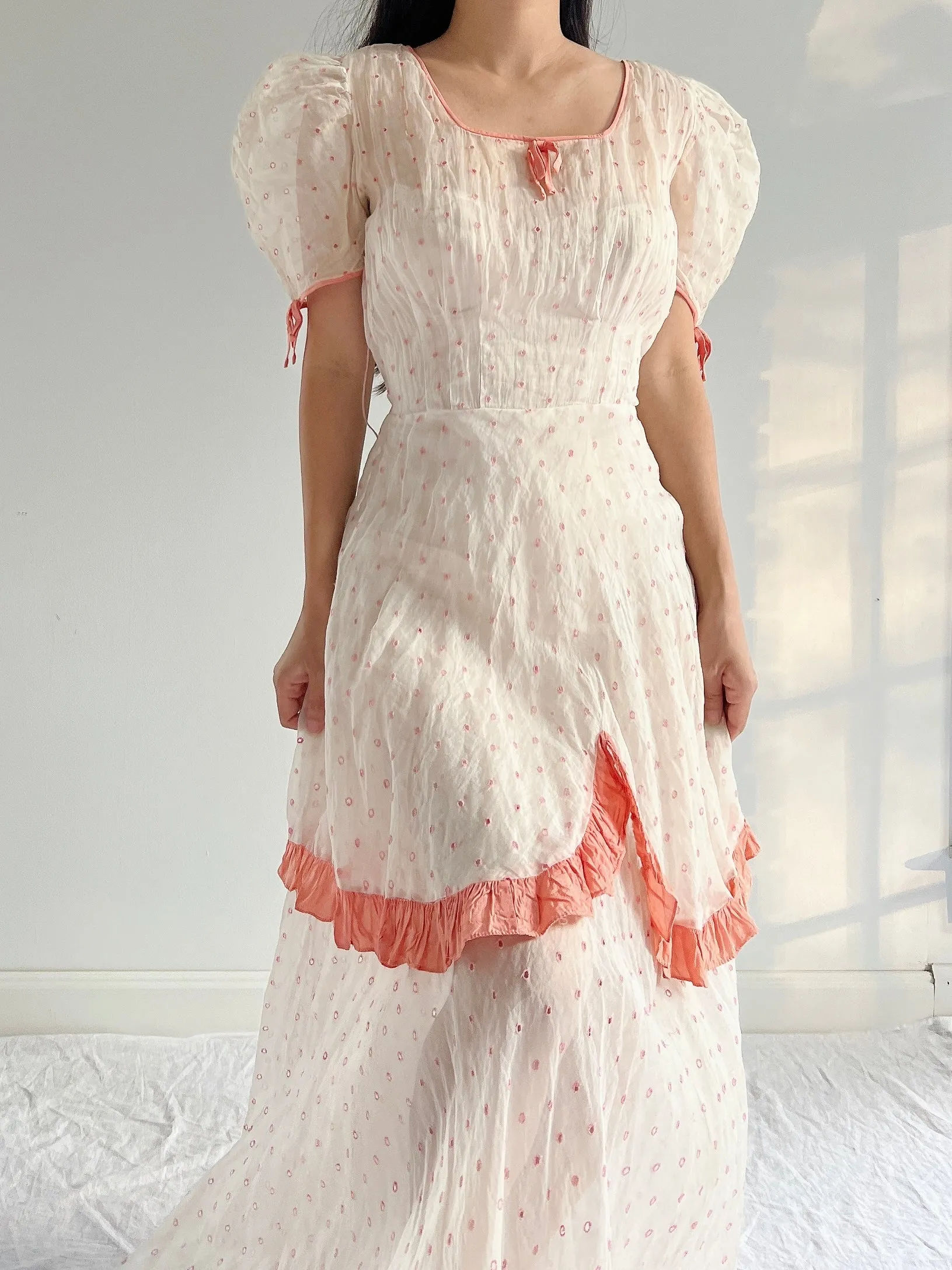 1930s Embroidered Organdy Dress - S