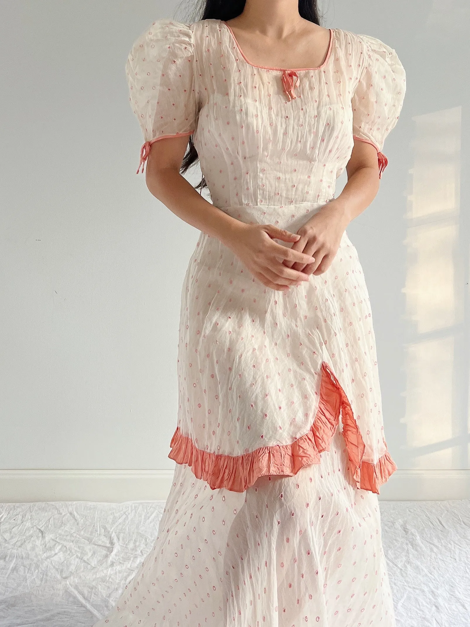 1930s Embroidered Organdy Dress - S