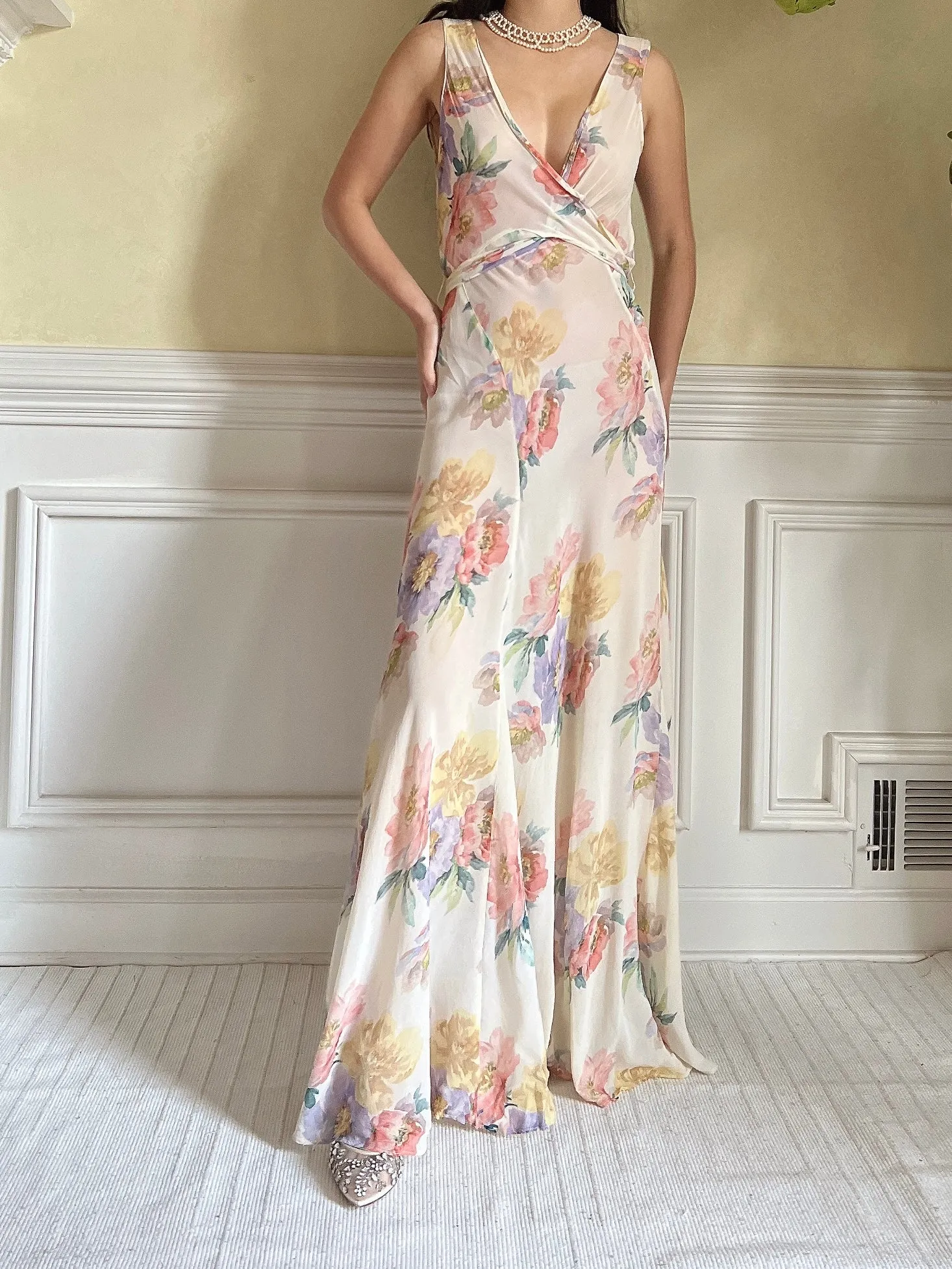 1930s Floral Rayon Chiffon Dress - S