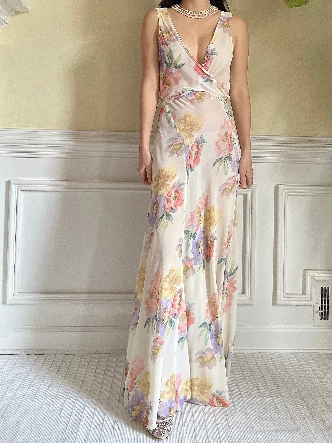 1930s Floral Rayon Chiffon Dress - S