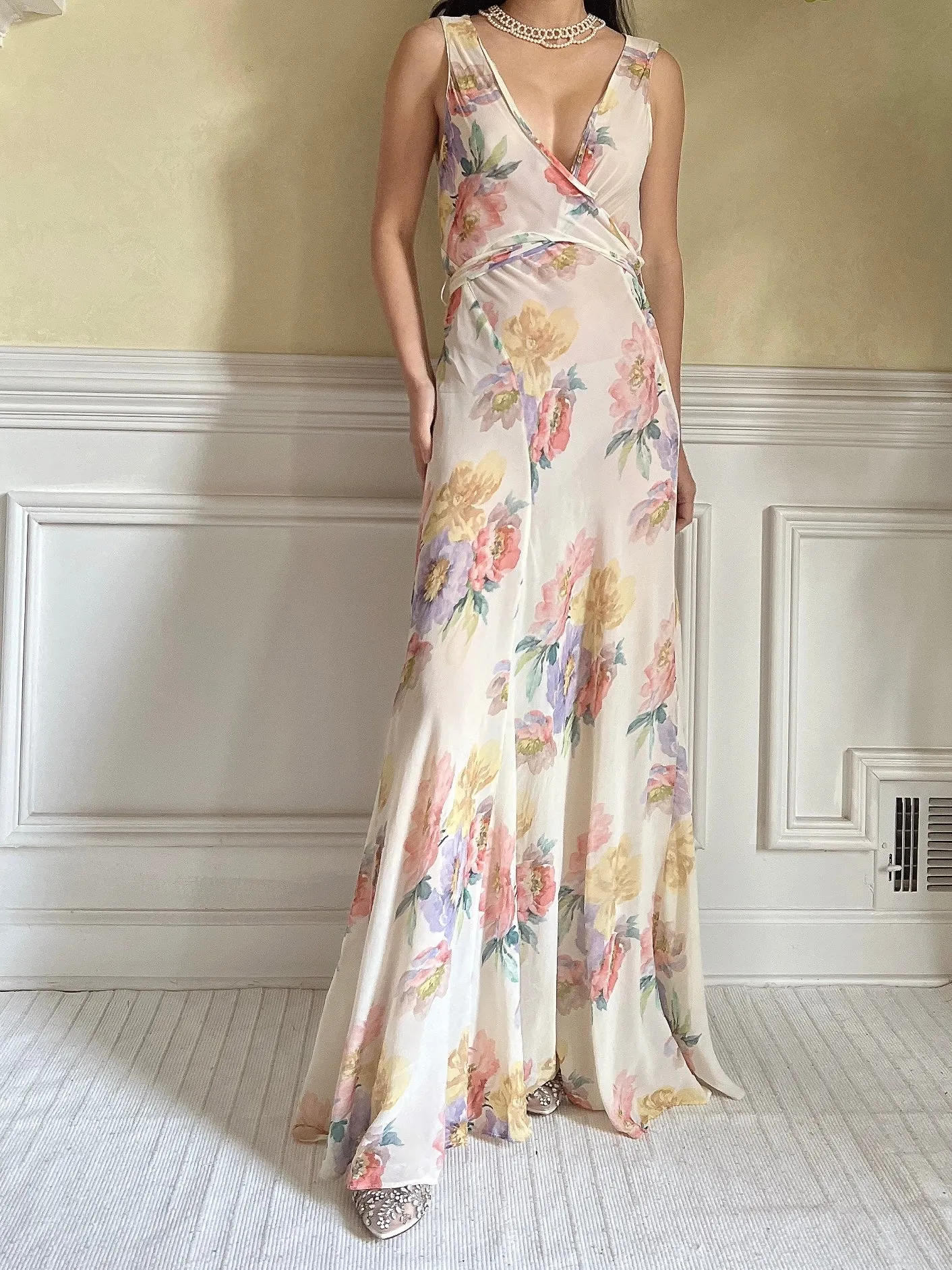 1930s Floral Rayon Chiffon Dress - S