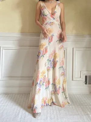 1930s Floral Rayon Chiffon Dress - S