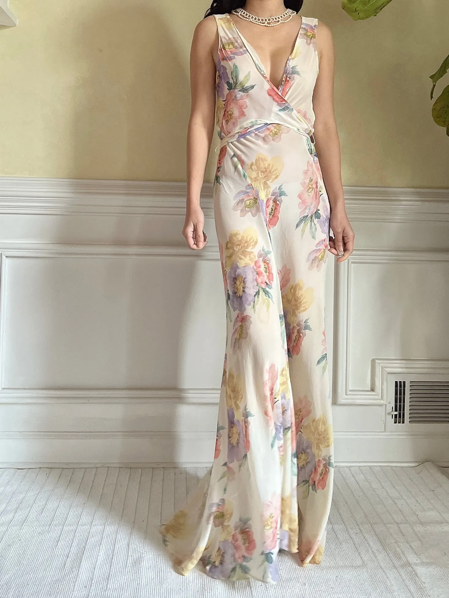 1930s Floral Rayon Chiffon Dress - S