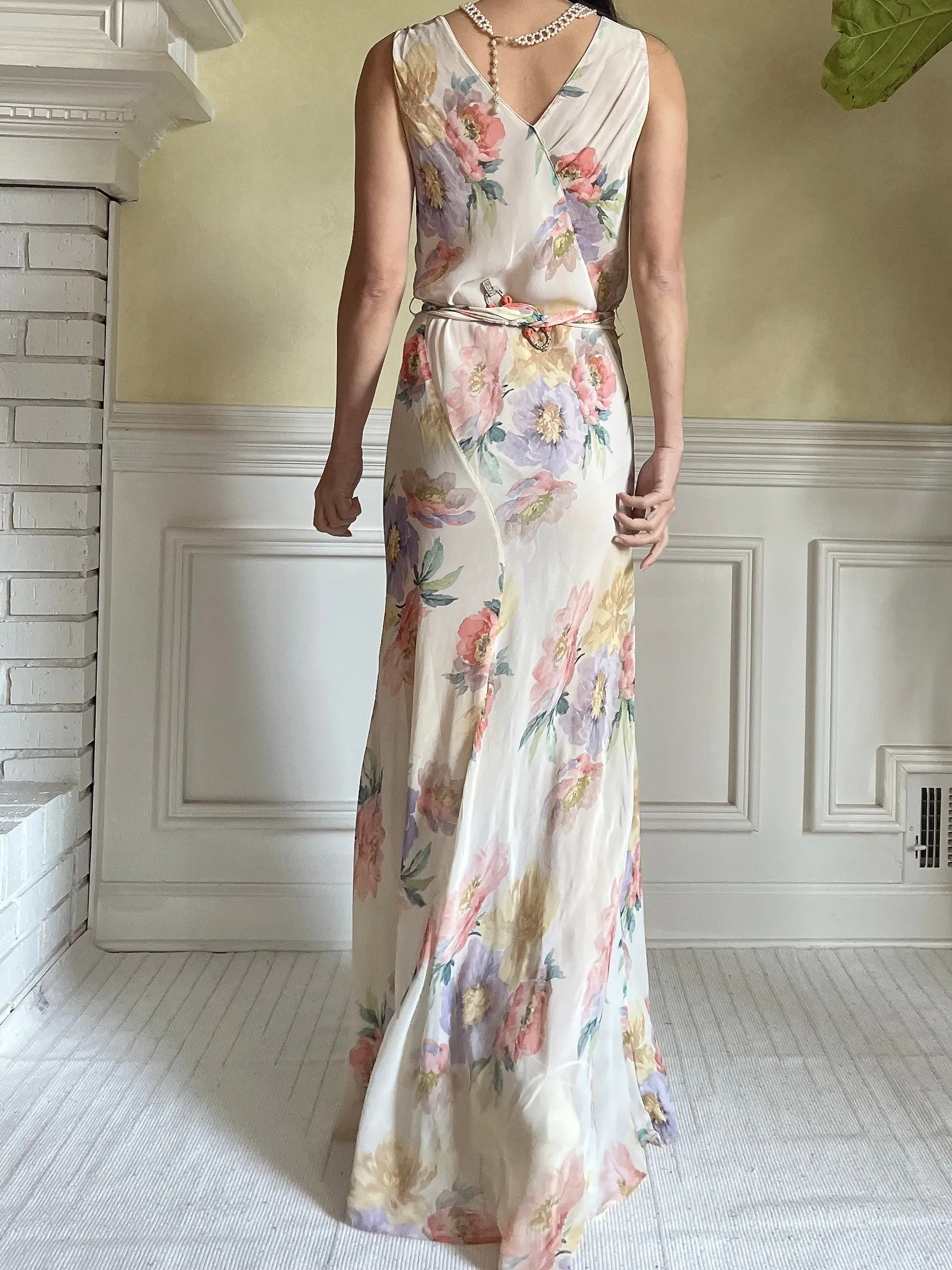 1930s Floral Rayon Chiffon Dress - S