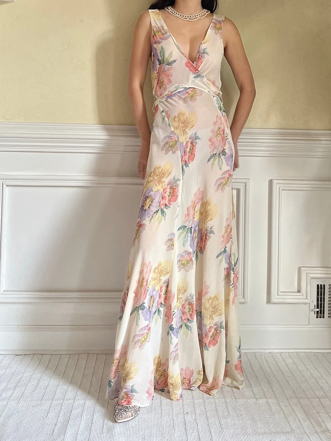 1930s Floral Rayon Chiffon Dress - S