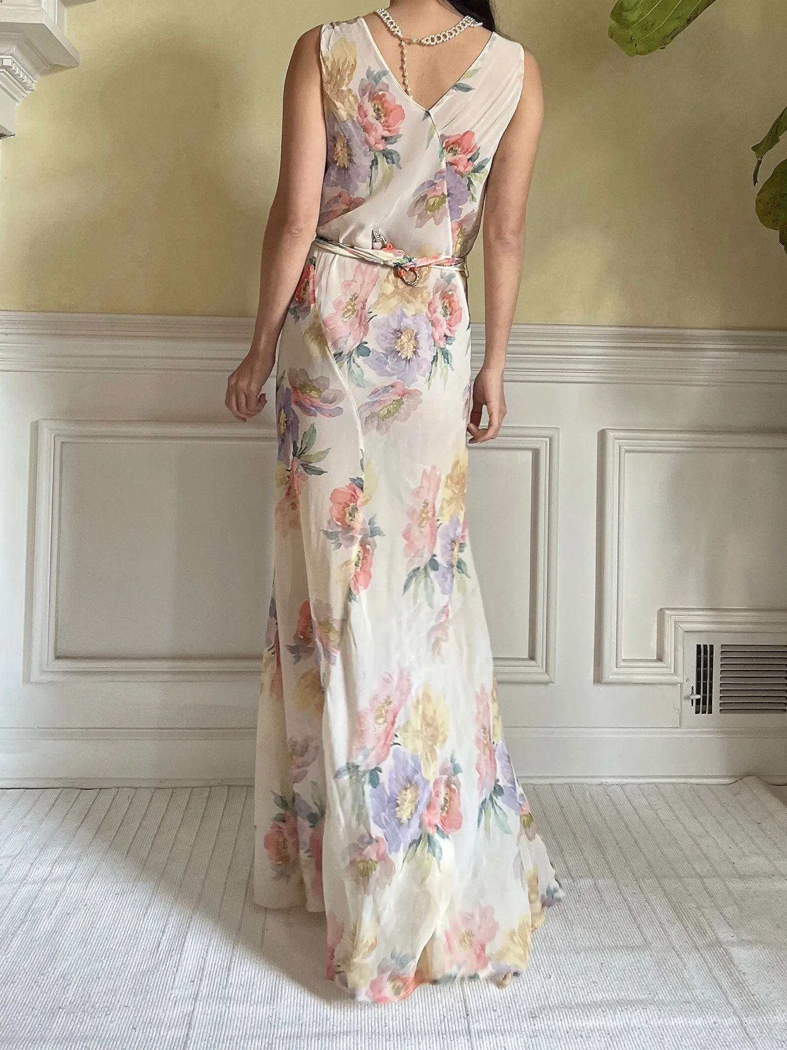 1930s Floral Rayon Chiffon Dress - S
