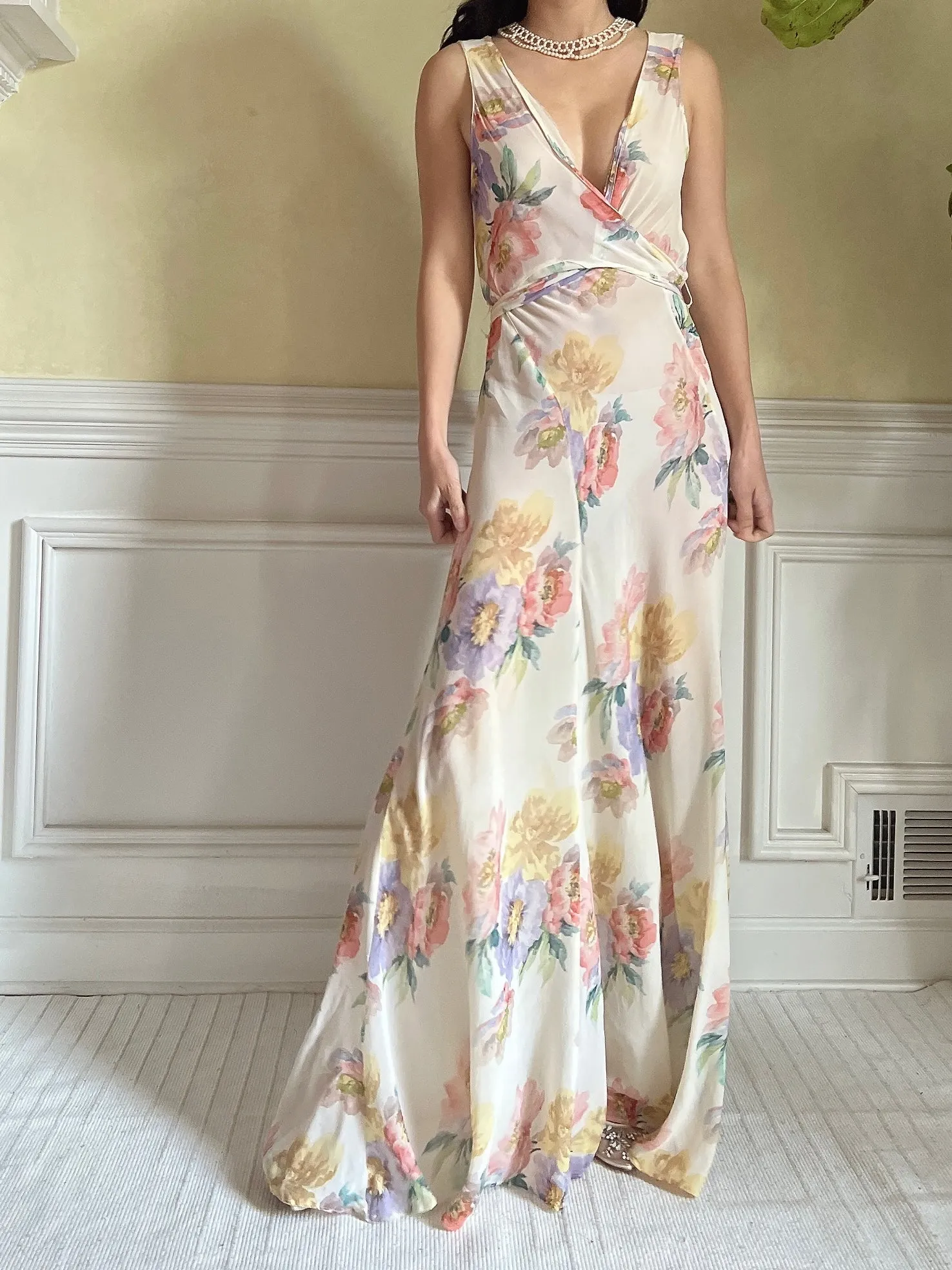 1930s Floral Rayon Chiffon Dress - S