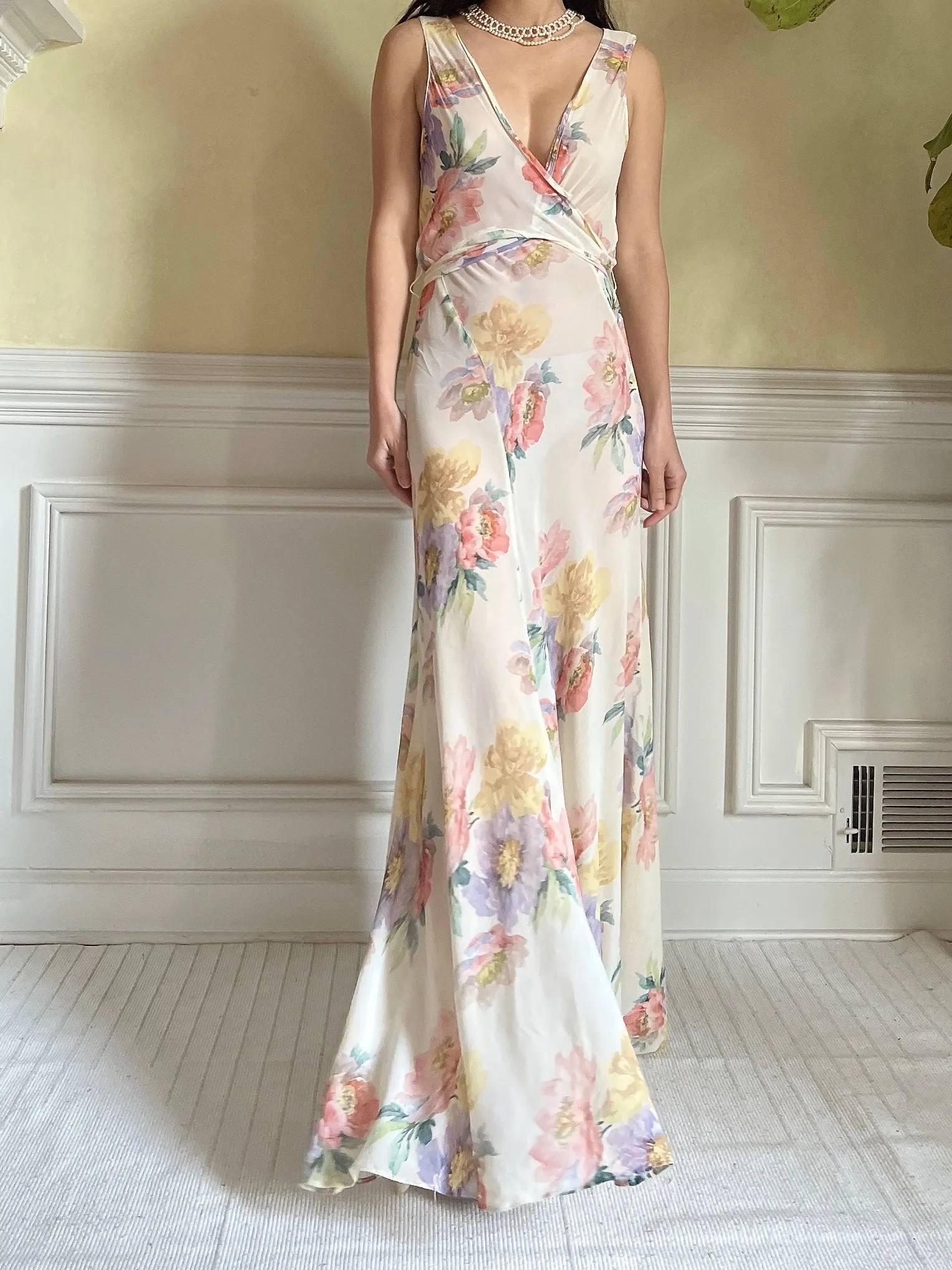 1930s Floral Rayon Chiffon Dress - S