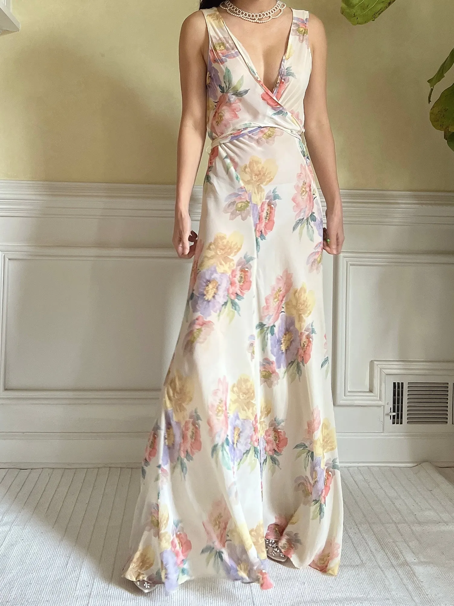 1930s Floral Rayon Chiffon Dress - S
