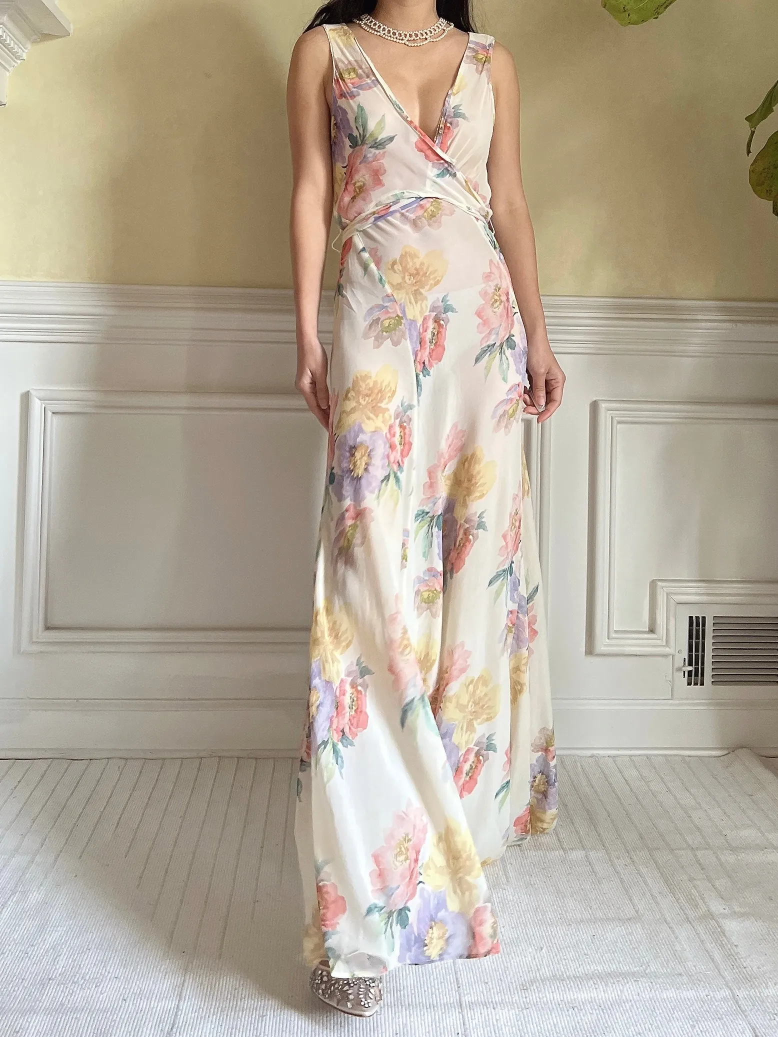 1930s Floral Rayon Chiffon Dress - S