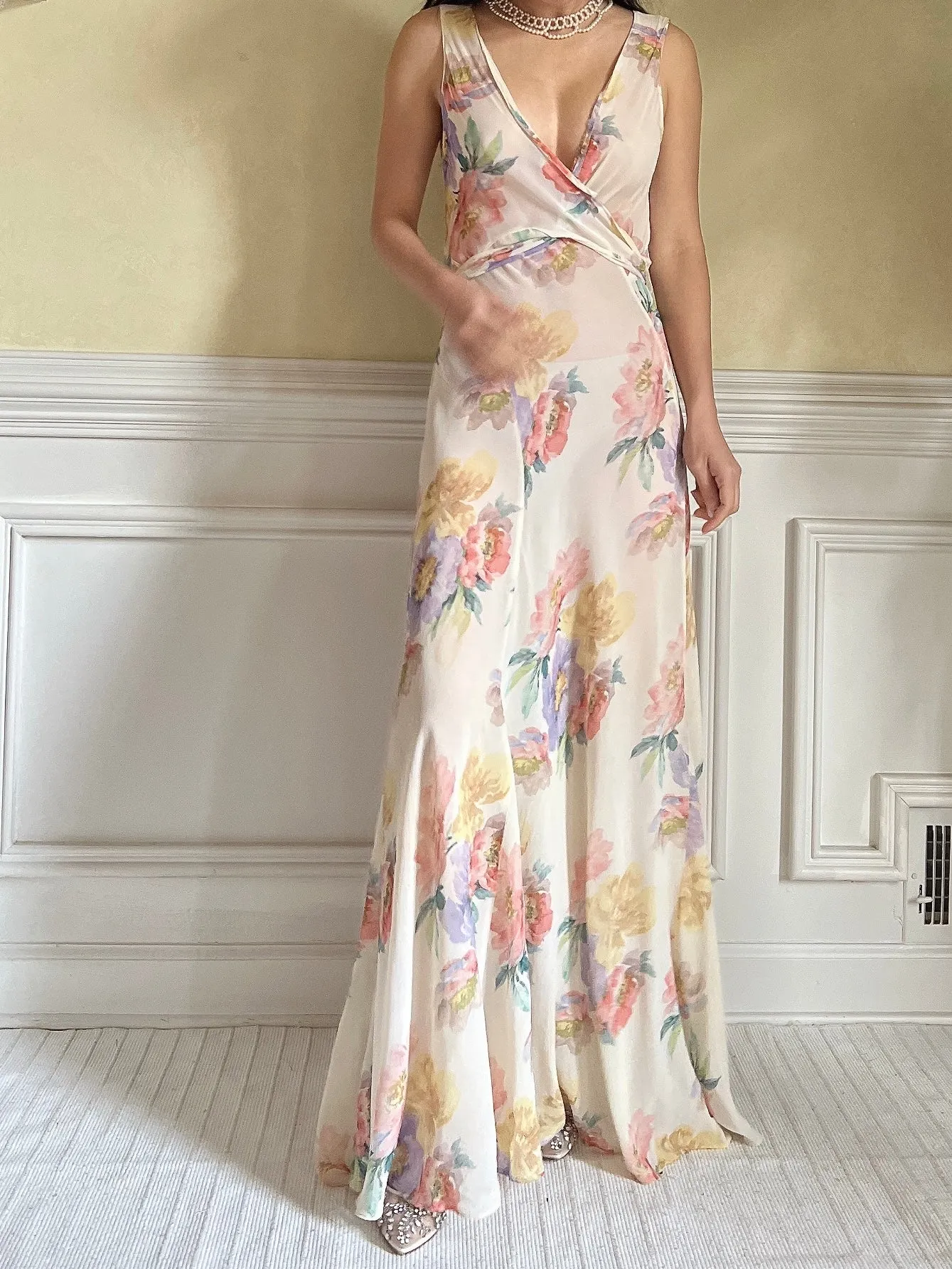 1930s Floral Rayon Chiffon Dress - S