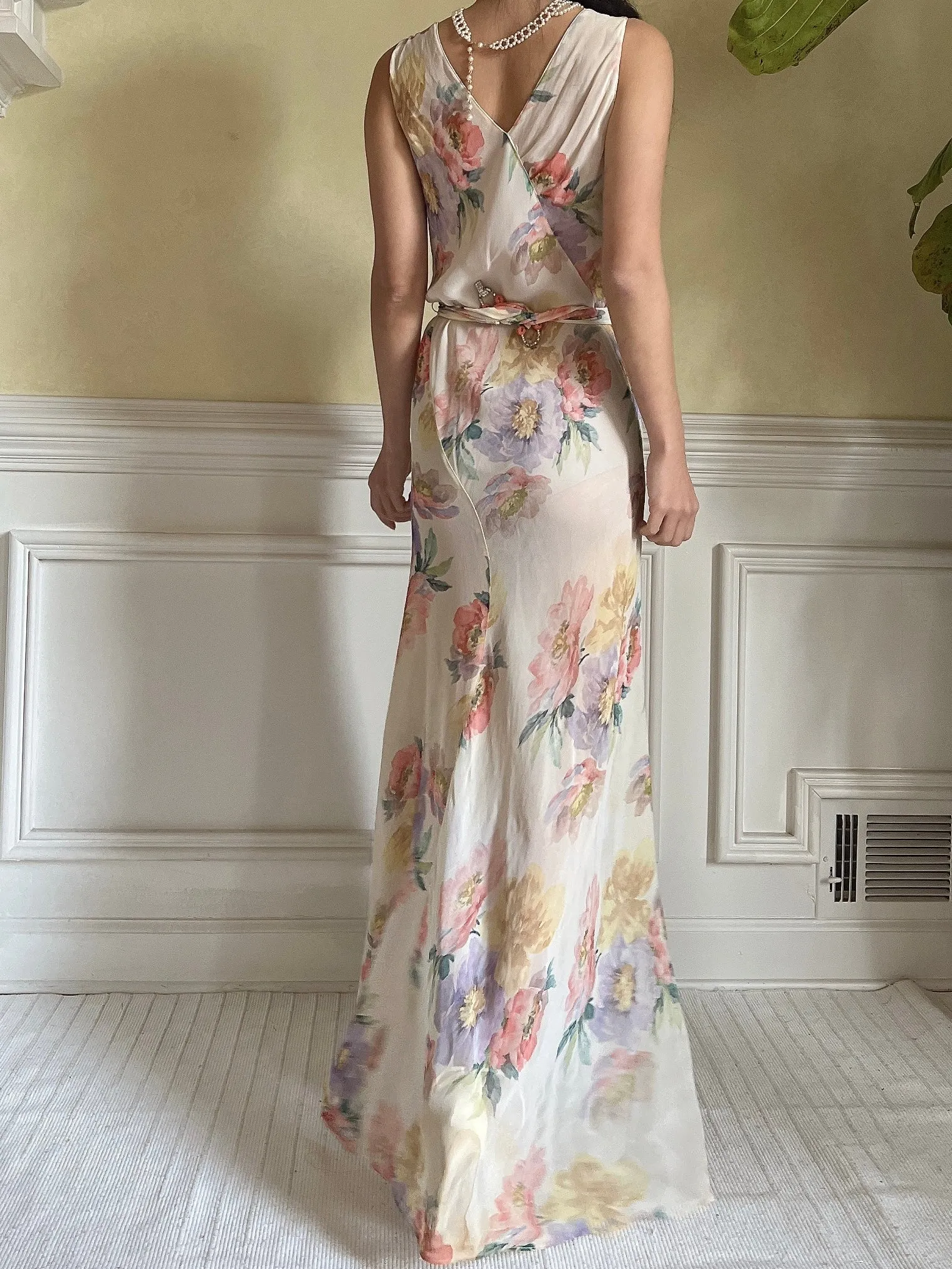 1930s Floral Rayon Chiffon Dress - S