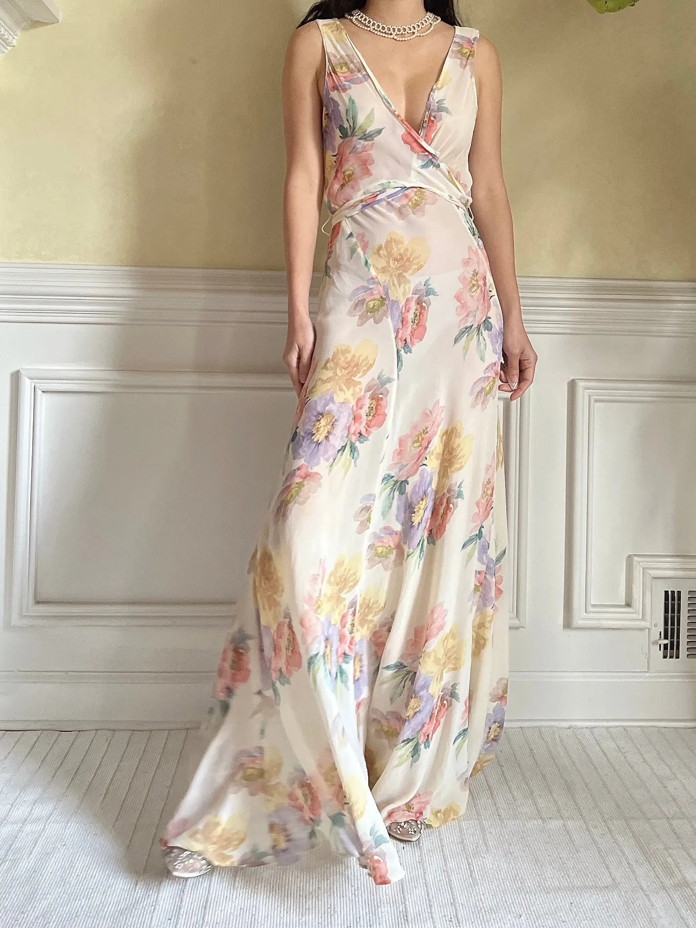 1930s Floral Rayon Chiffon Dress - S