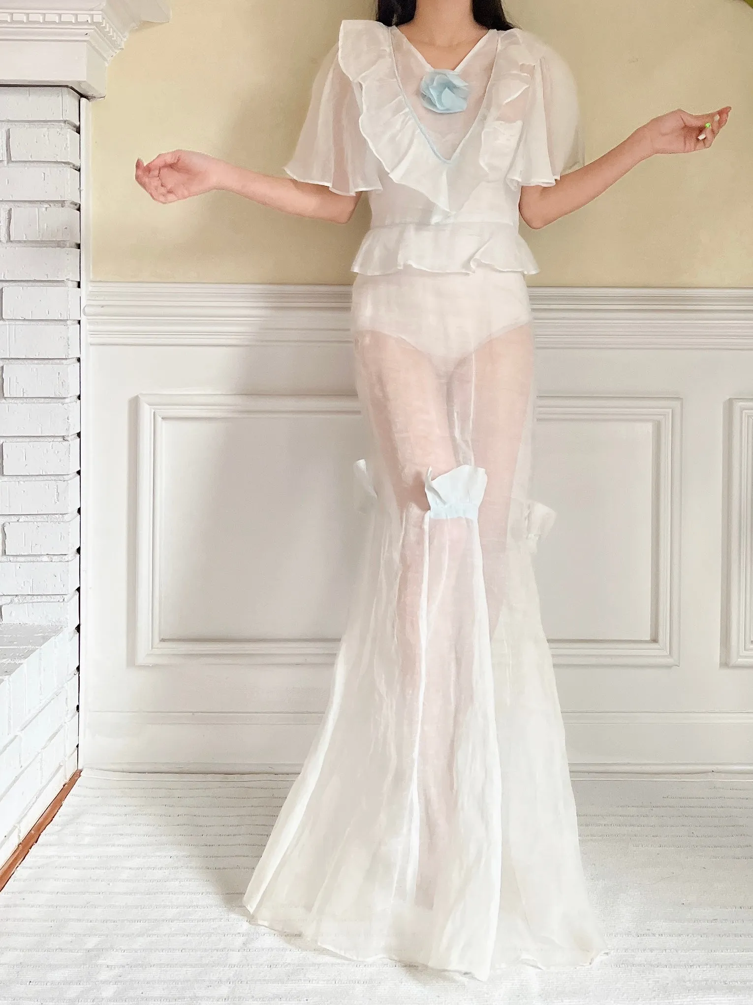 1930s Light Blue Organdy Dress - XS