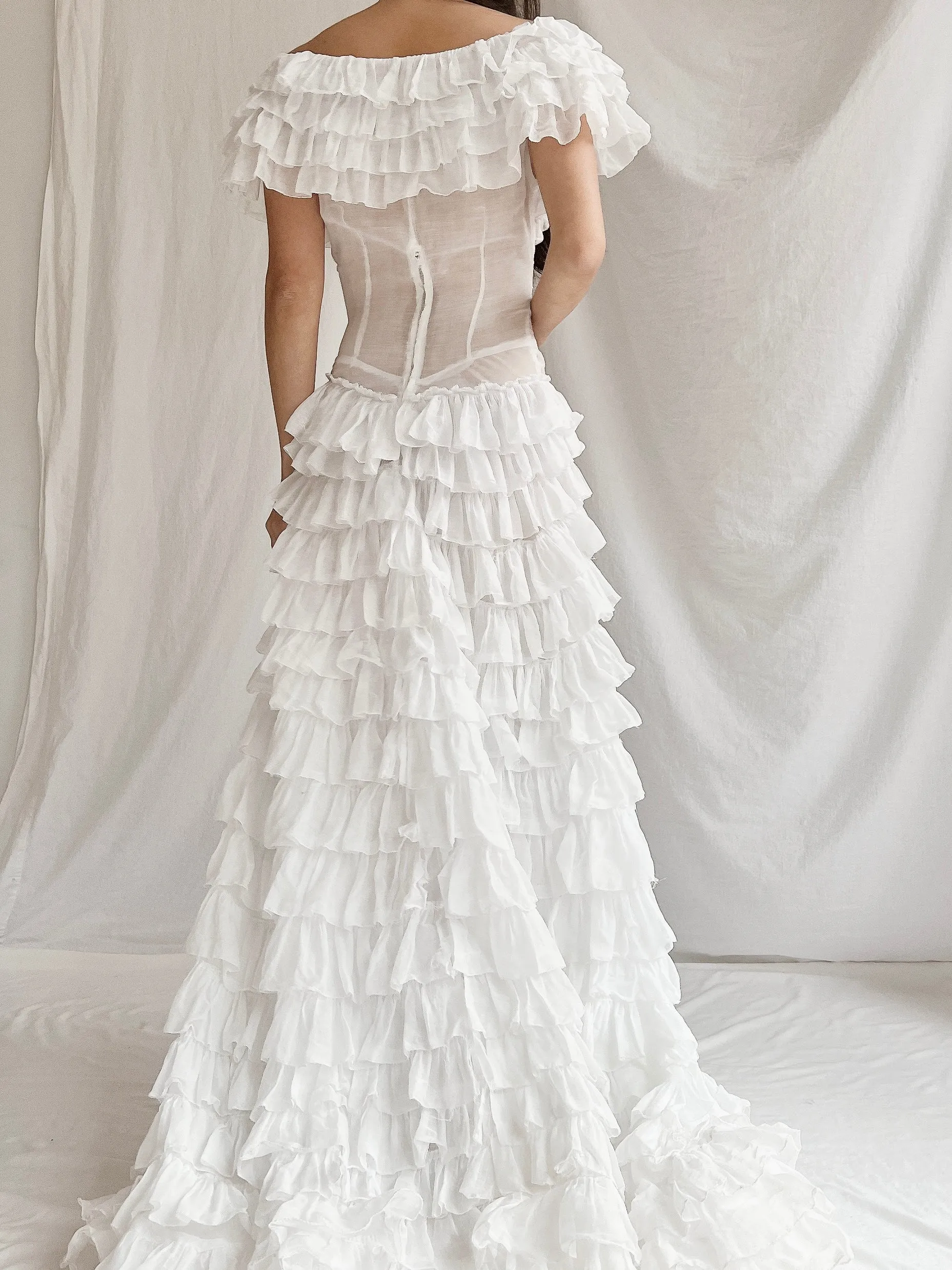 1930s Organdy Ruffle Gown - XS