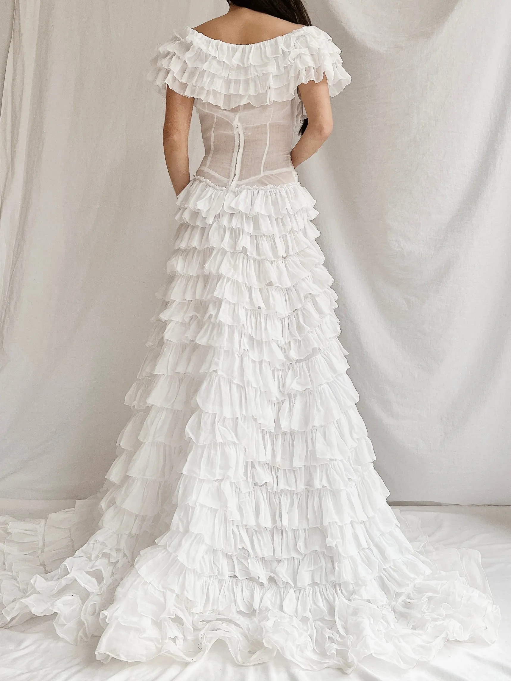 1930s Organdy Ruffle Gown - XS