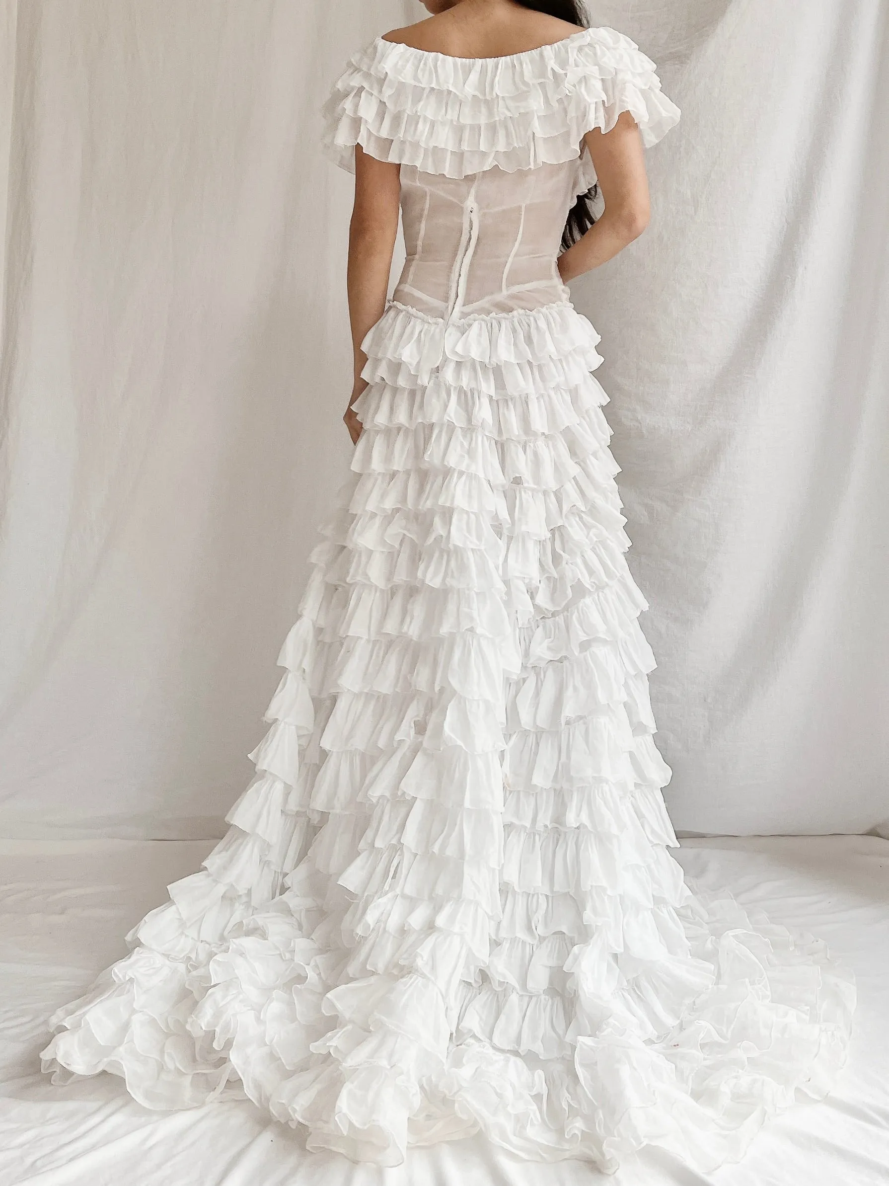 1930s Organdy Ruffle Gown - XS