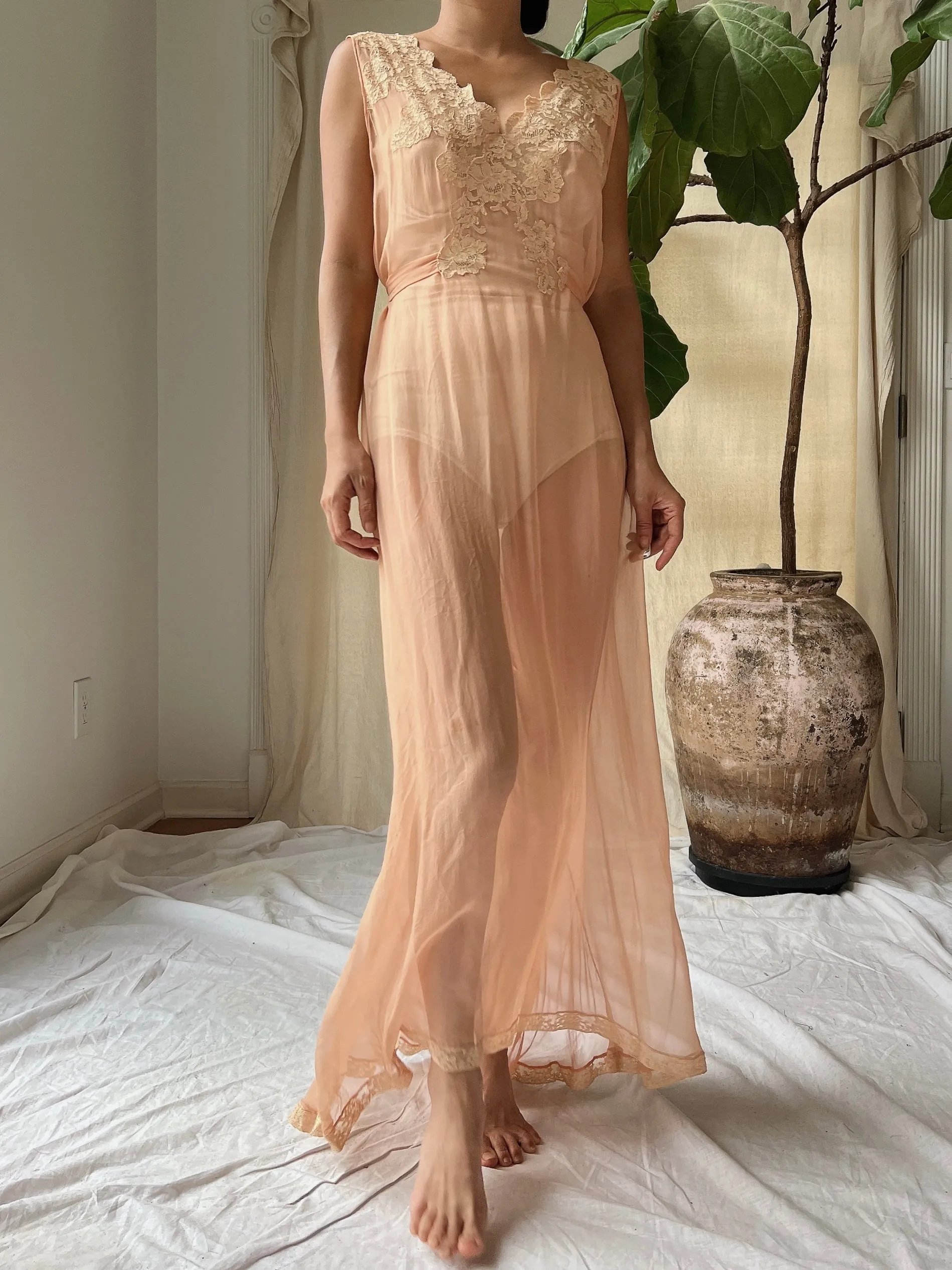 1930s Peach Silk Chiffon Gown -S/M