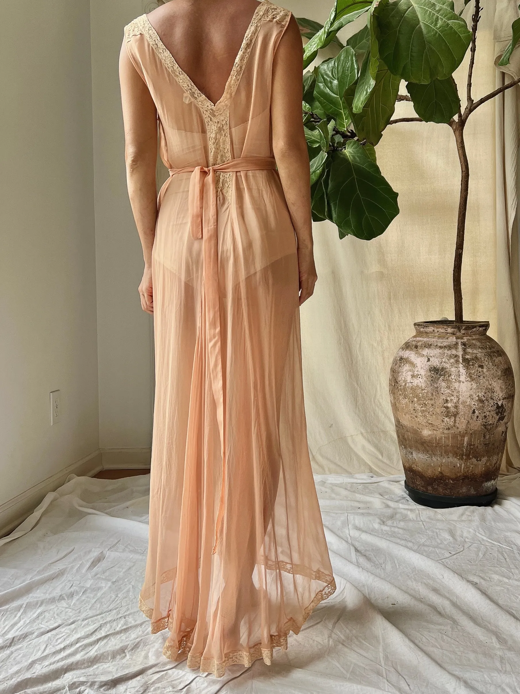 1930s Peach Silk Chiffon Gown -S/M