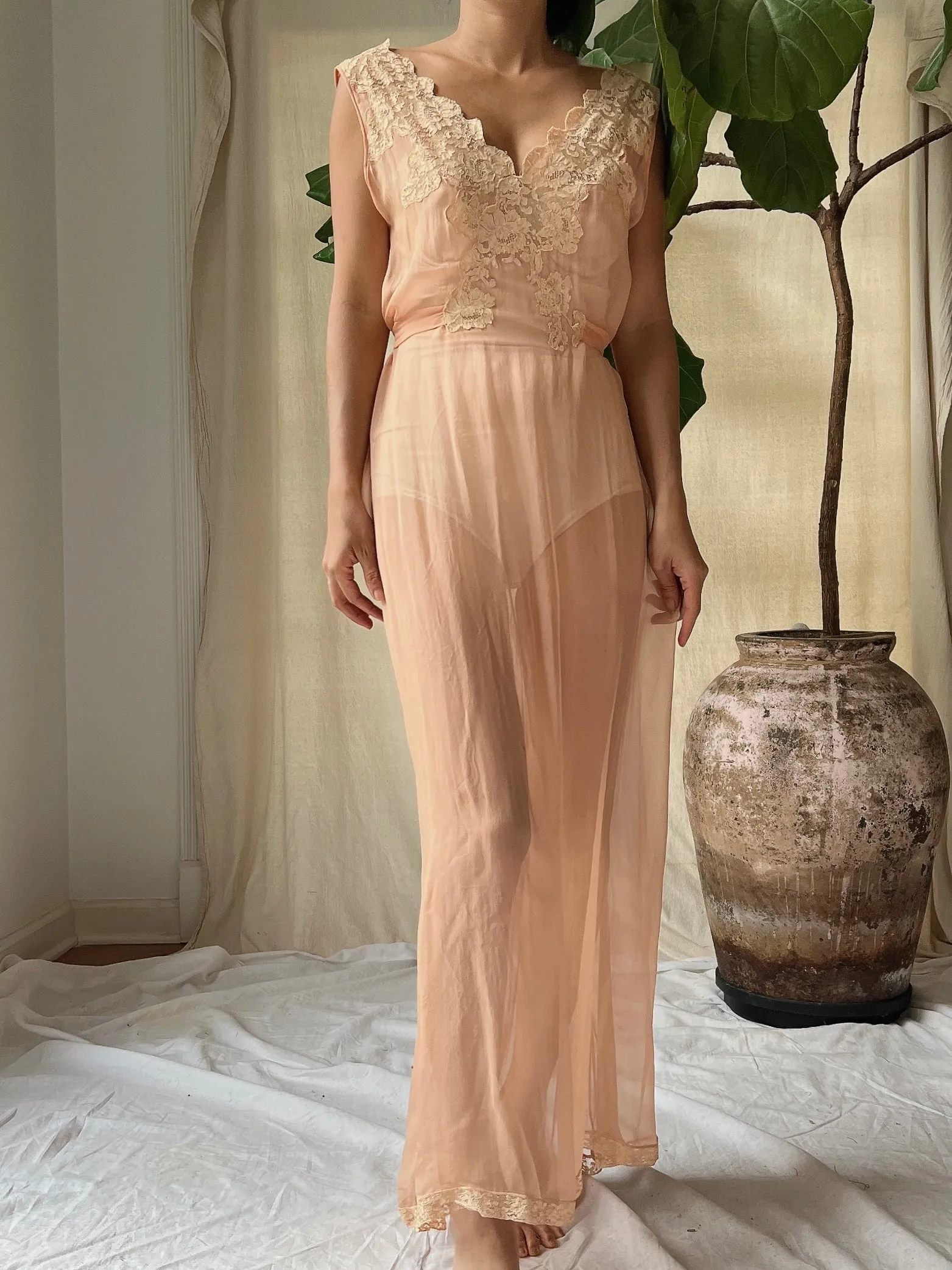 1930s Peach Silk Chiffon Gown -S/M