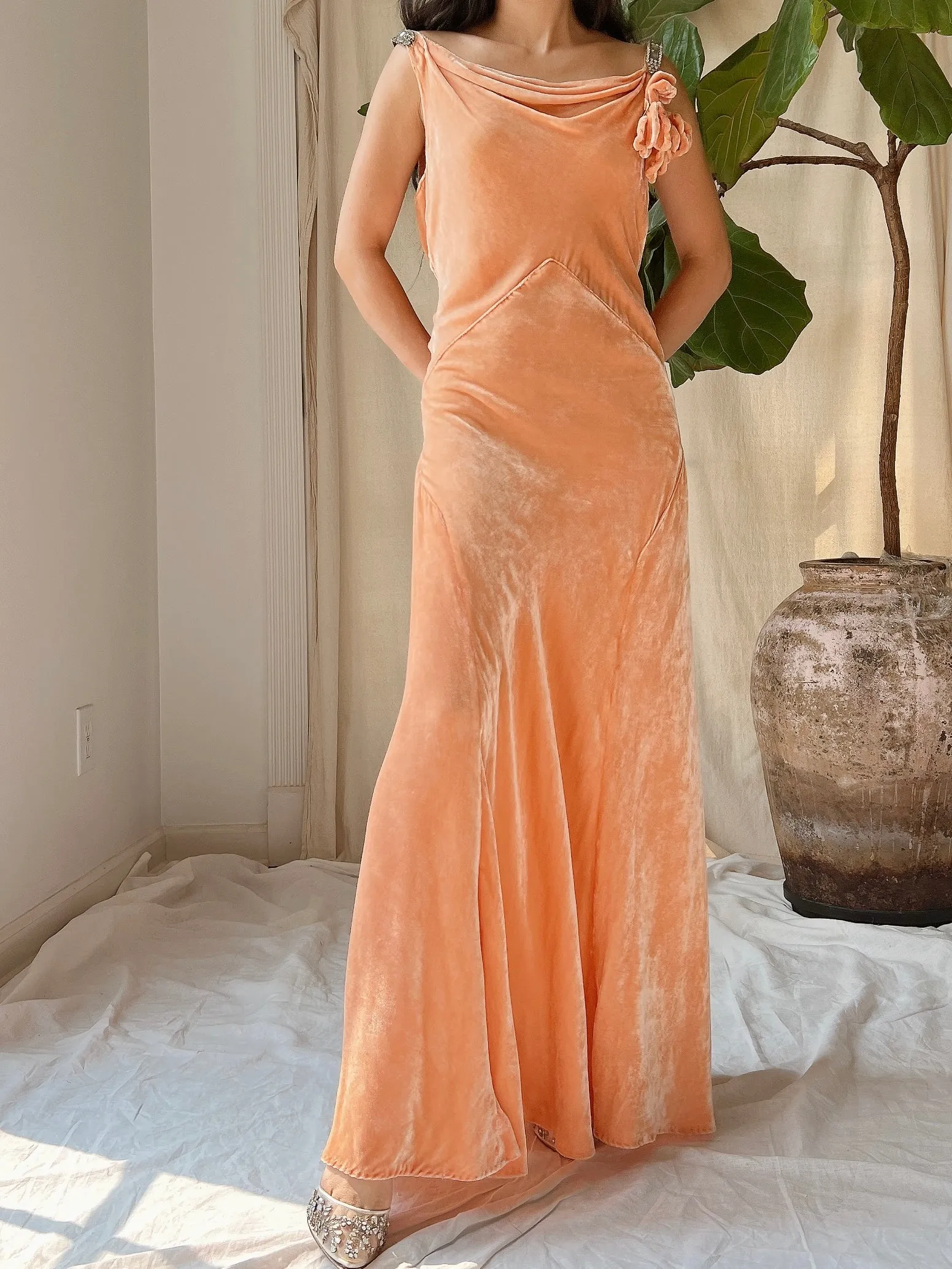1930s Peach Silk Dress - S