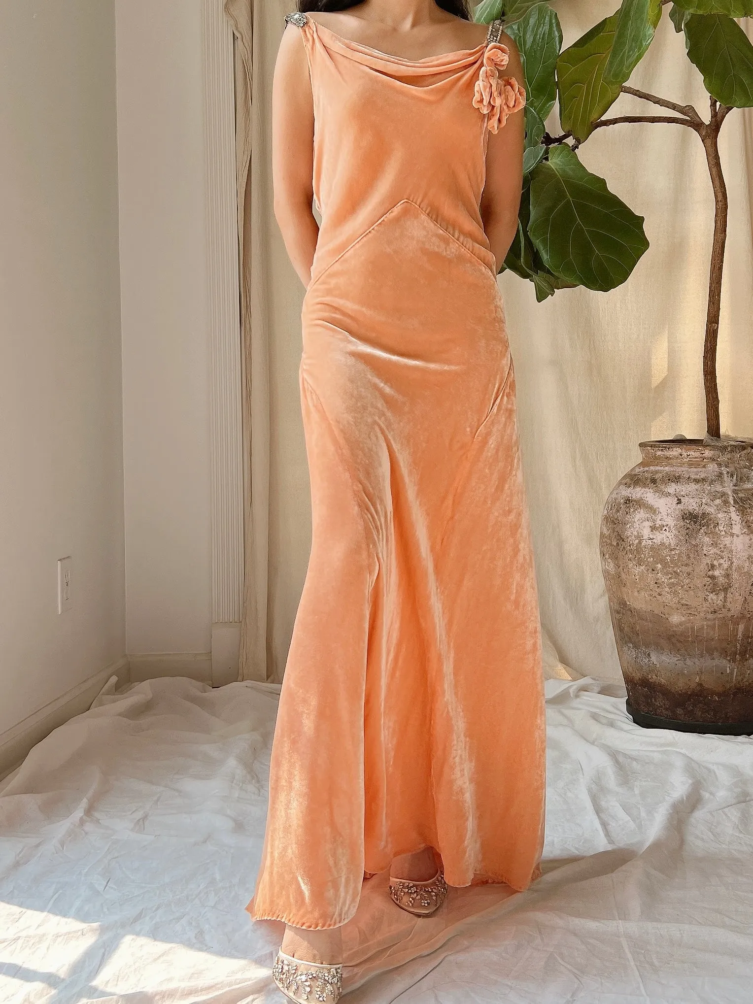 1930s Peach Silk Dress - S