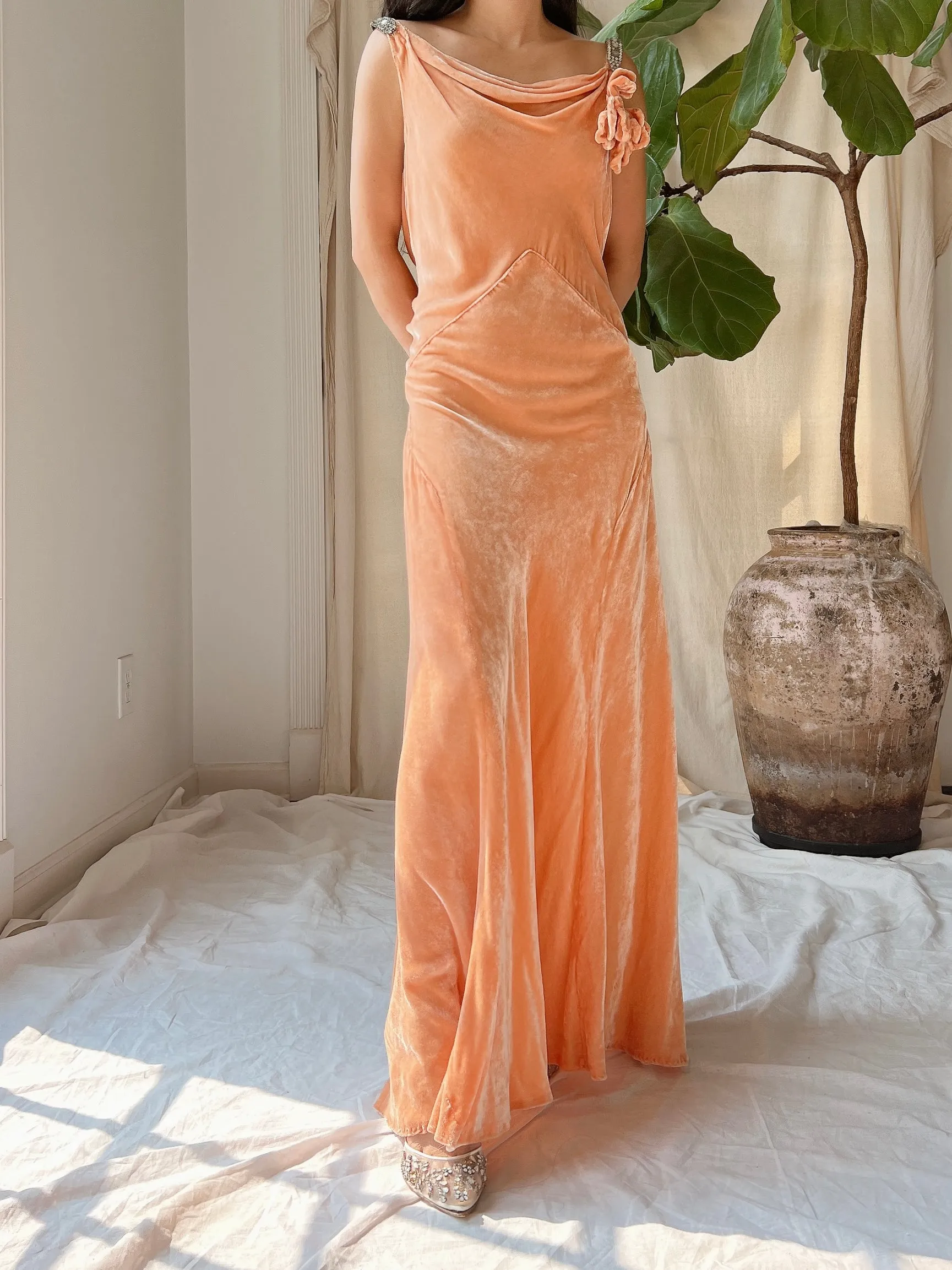 1930s Peach Silk Dress - S