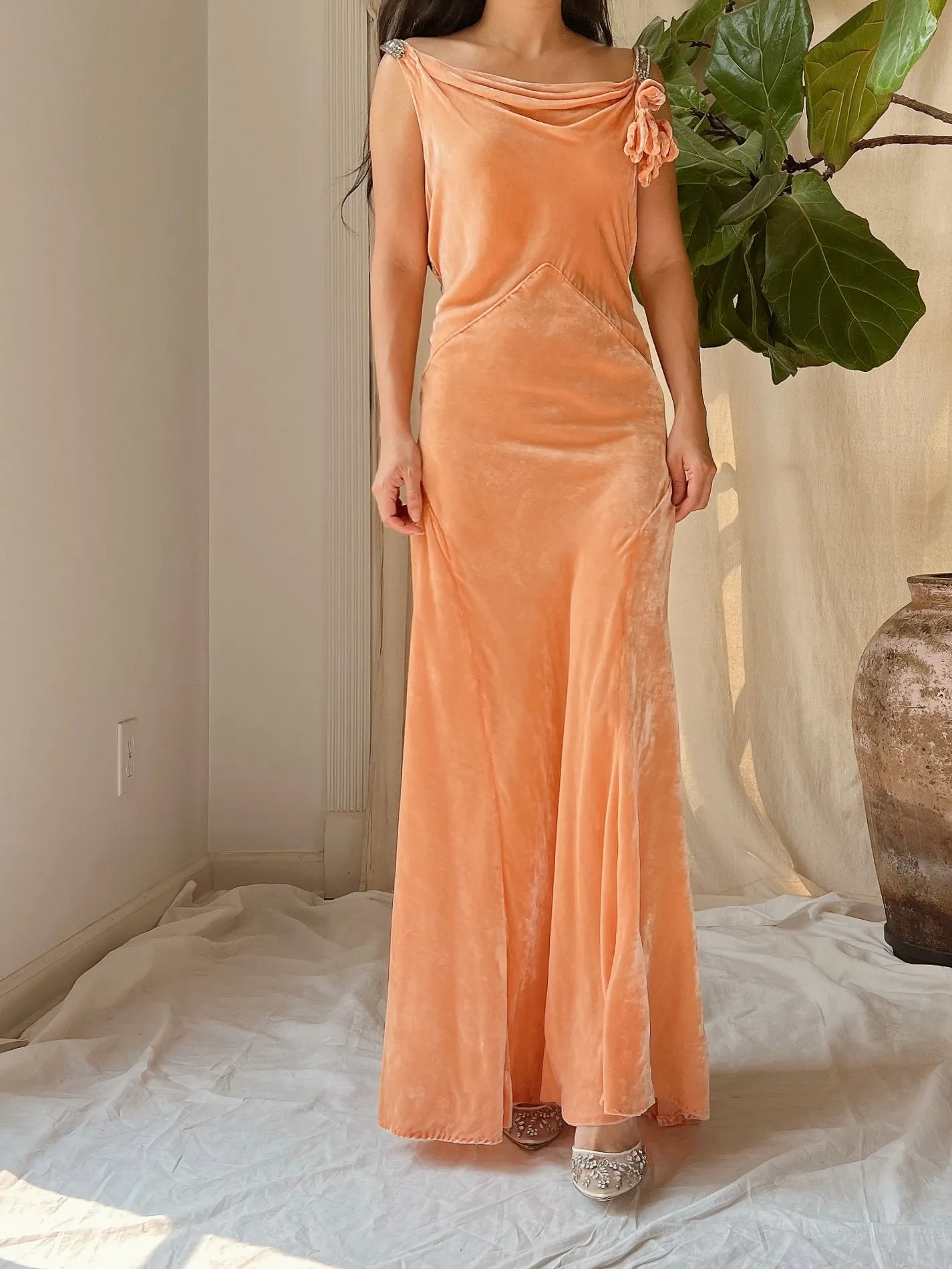 1930s Peach Silk Dress - S