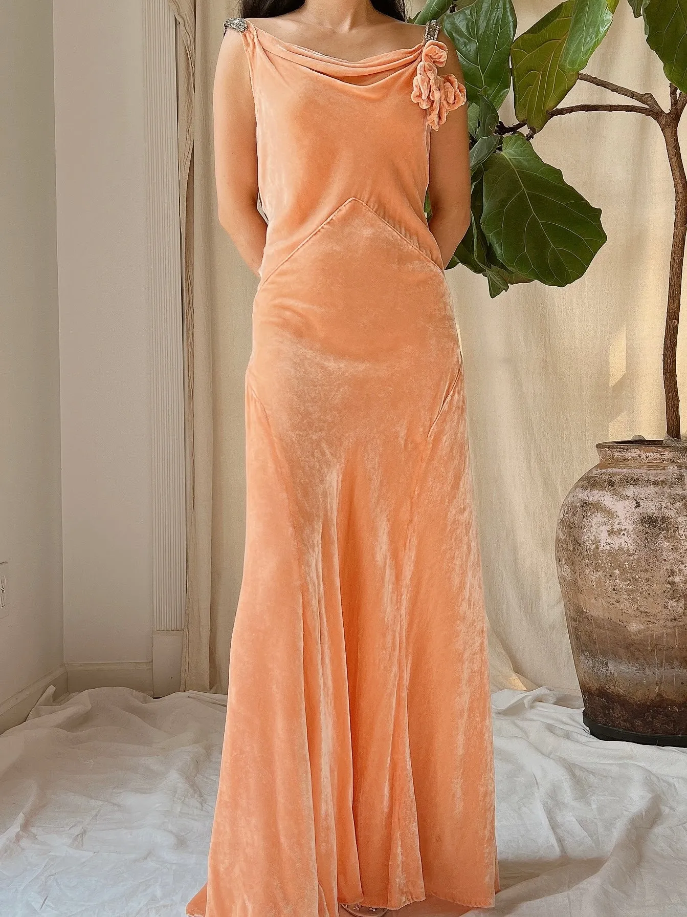 1930s Peach Silk Dress - S