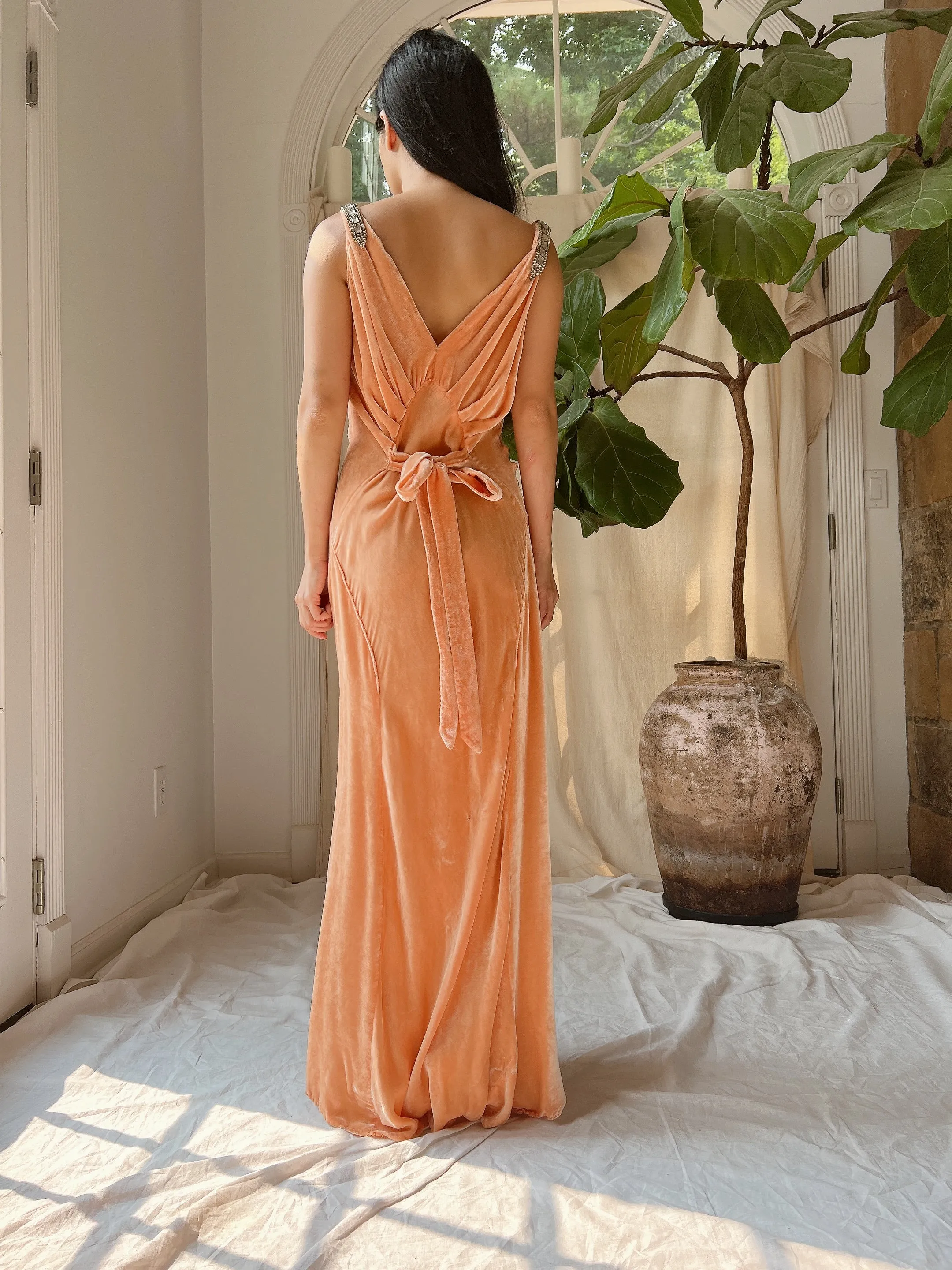 1930s Peach Silk Dress - S
