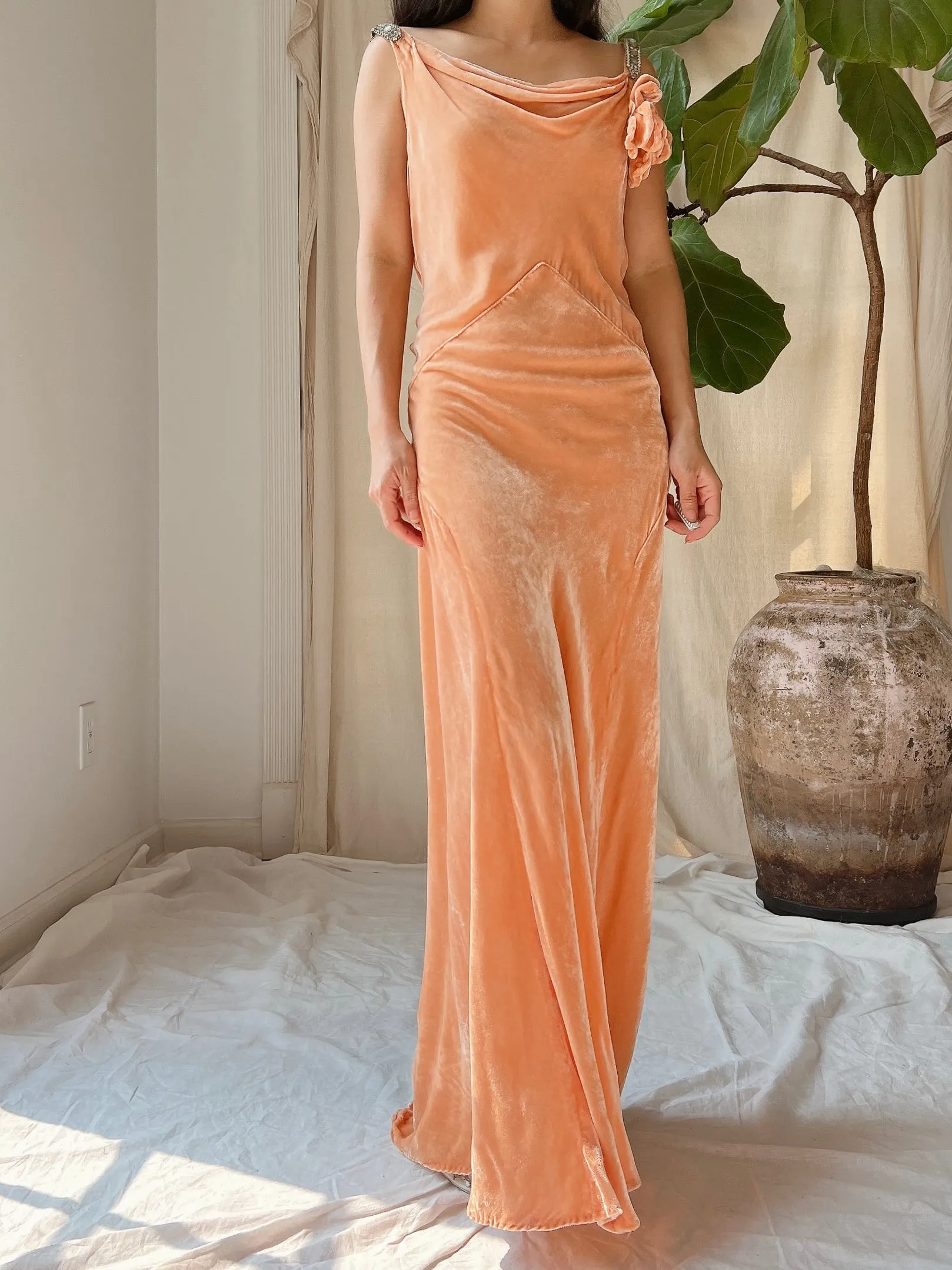 1930s Peach Silk Dress - S