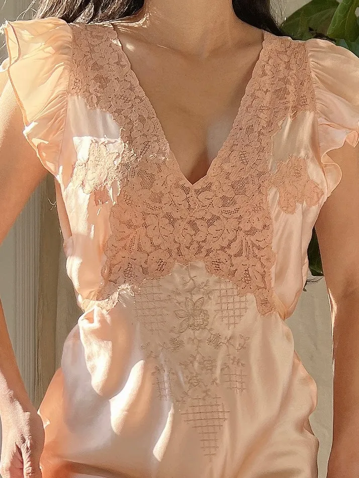 1930s Silk Flutter Sleeve Slip Gown - S/M
