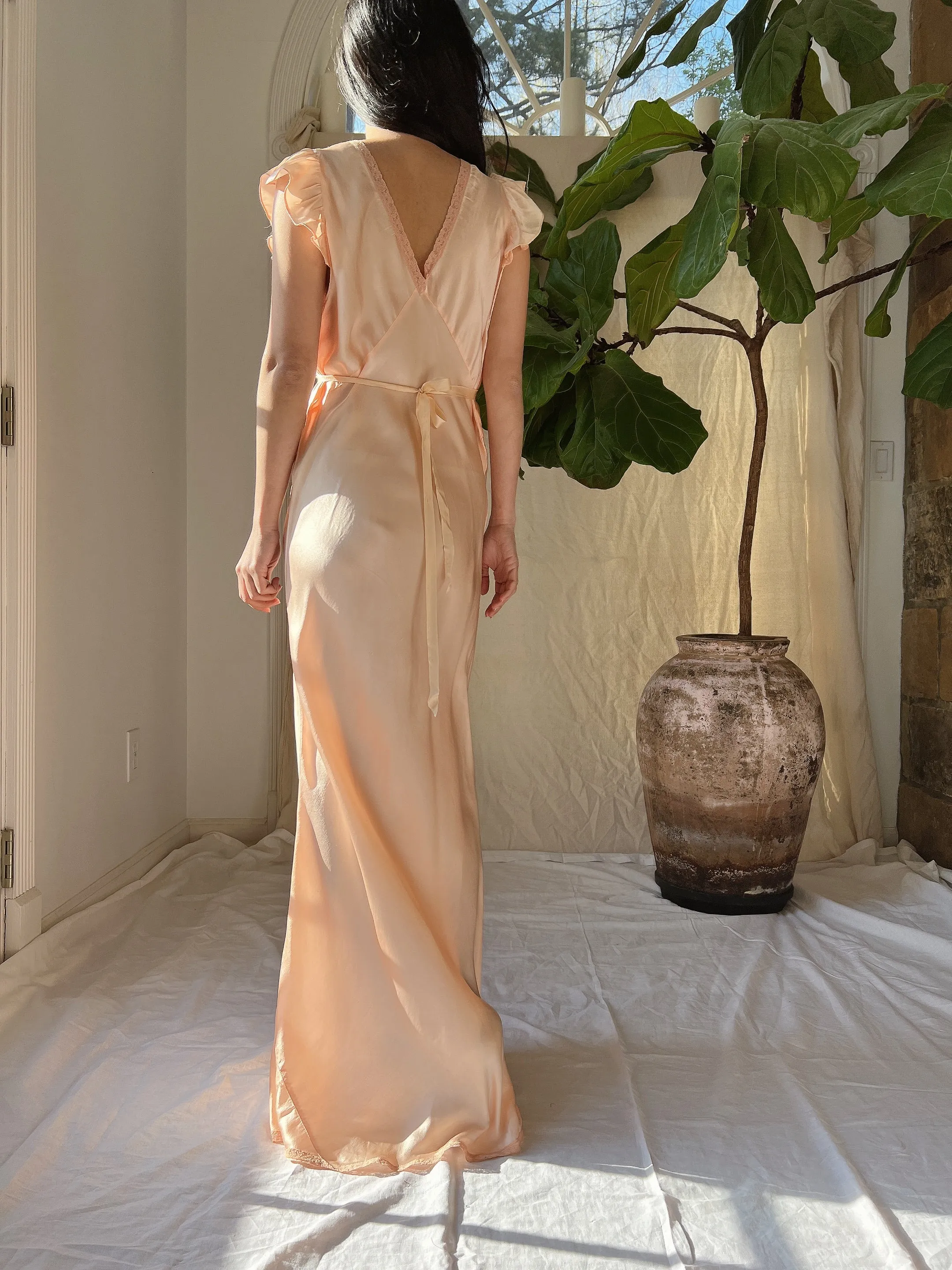 1930s Silk Flutter Sleeve Slip Gown - S/M