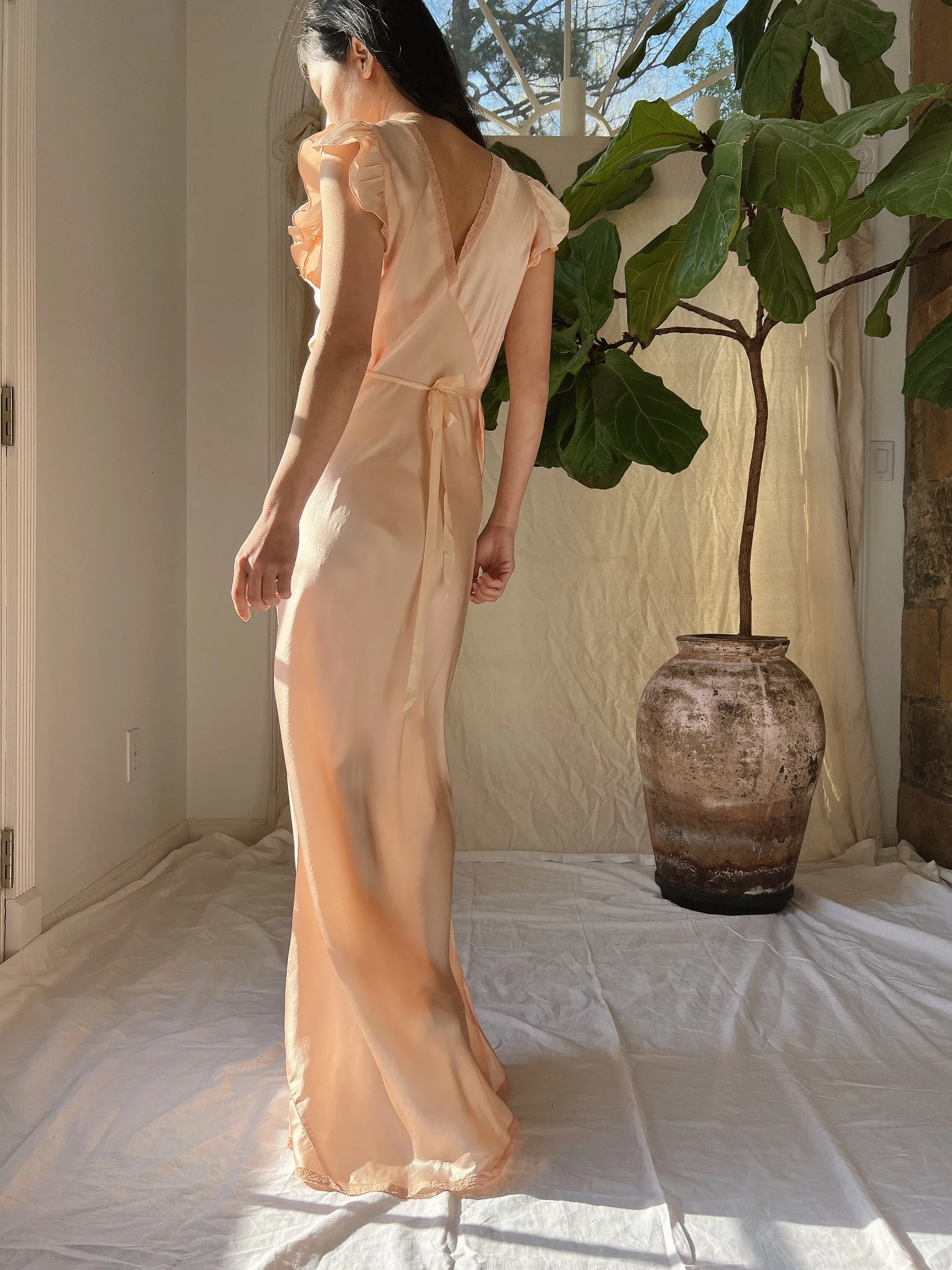1930s Silk Flutter Sleeve Slip Gown - S/M
