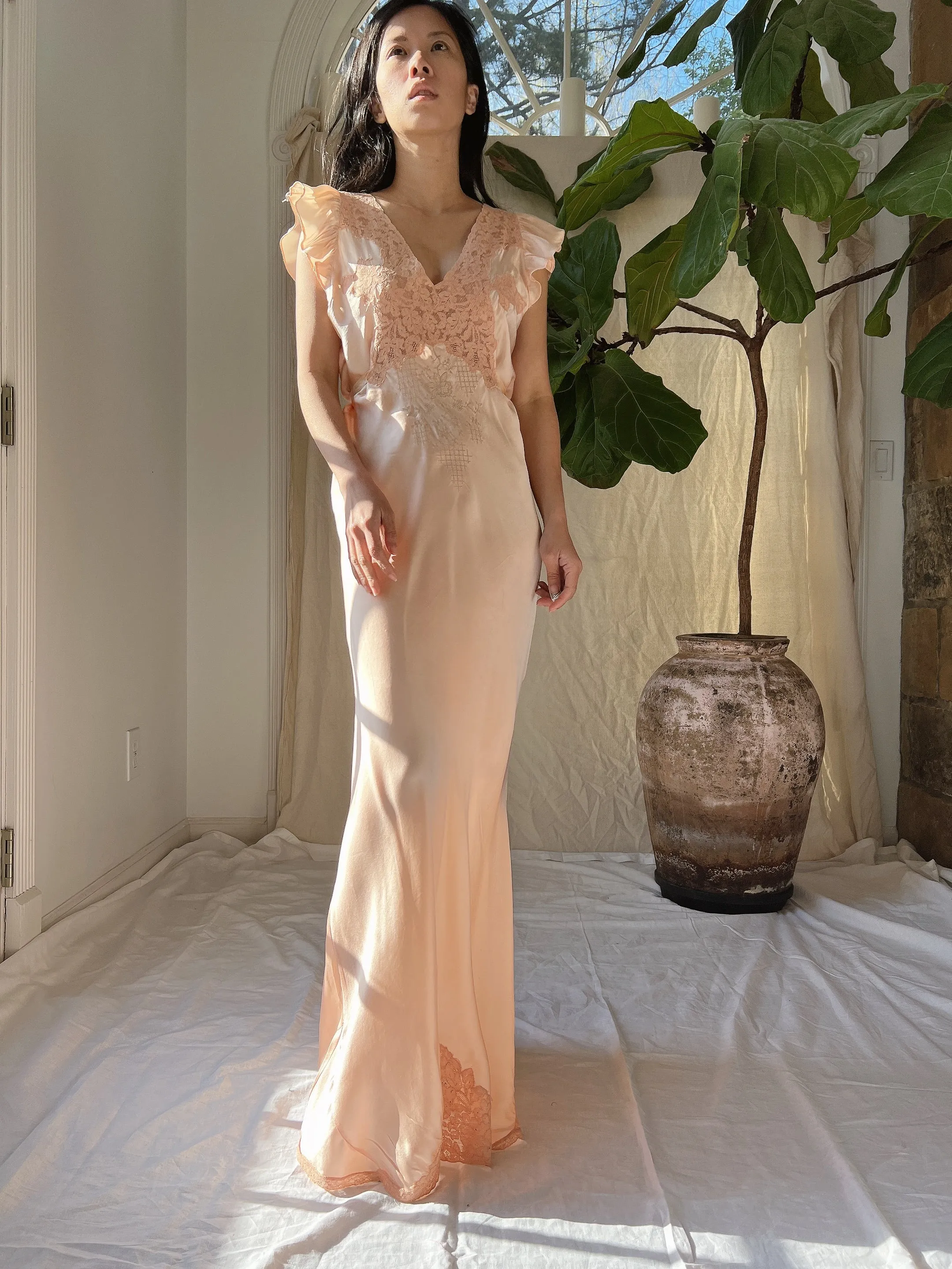 1930s Silk Flutter Sleeve Slip Gown - S/M