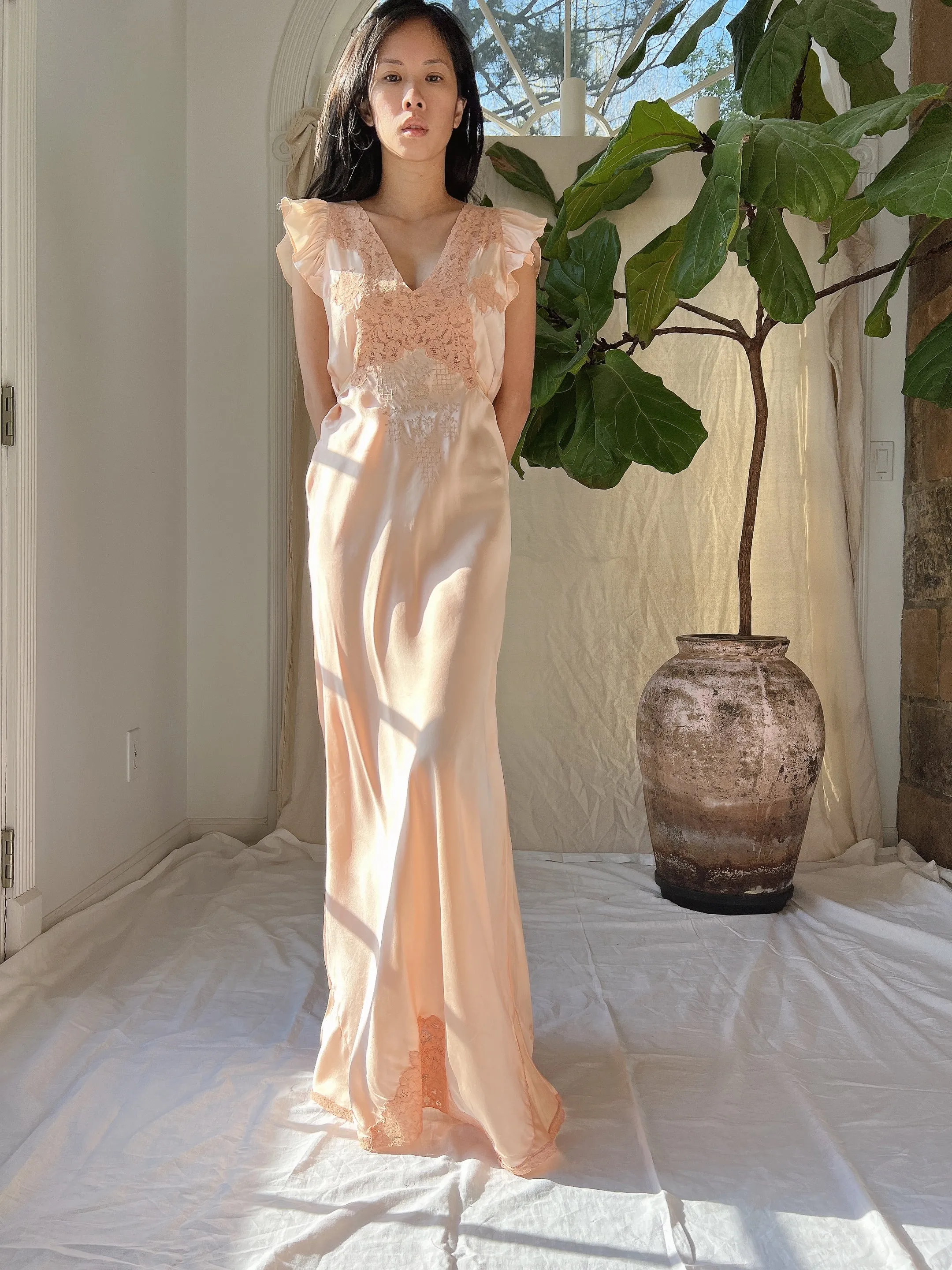 1930s Silk Flutter Sleeve Slip Gown - S/M