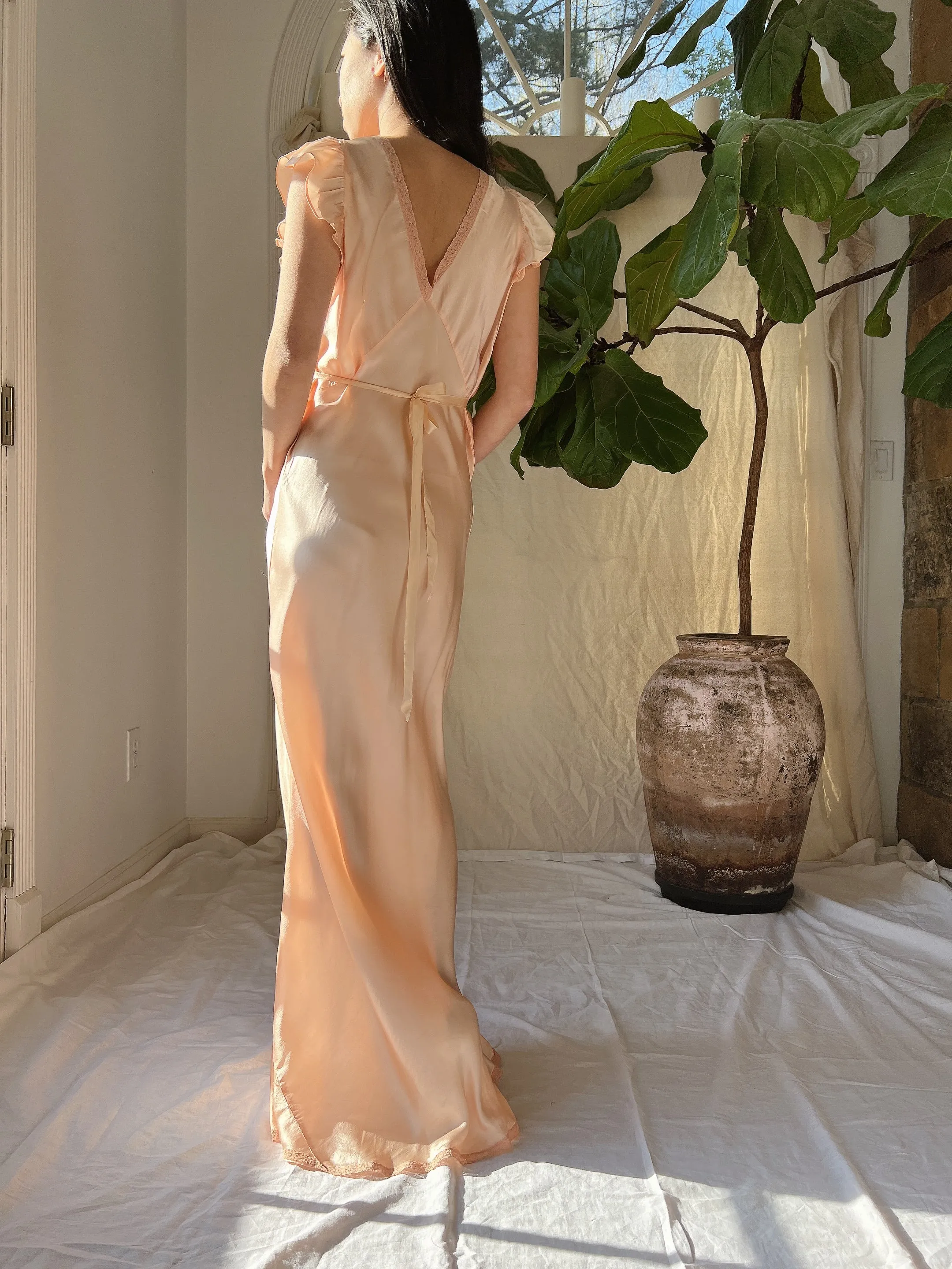 1930s Silk Flutter Sleeve Slip Gown - S/M