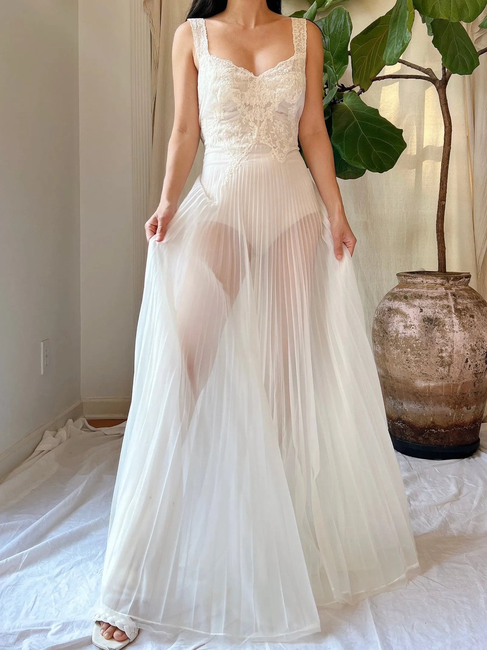 1940s Crystal Pleated Nylon Sheer Slip Dress - XS