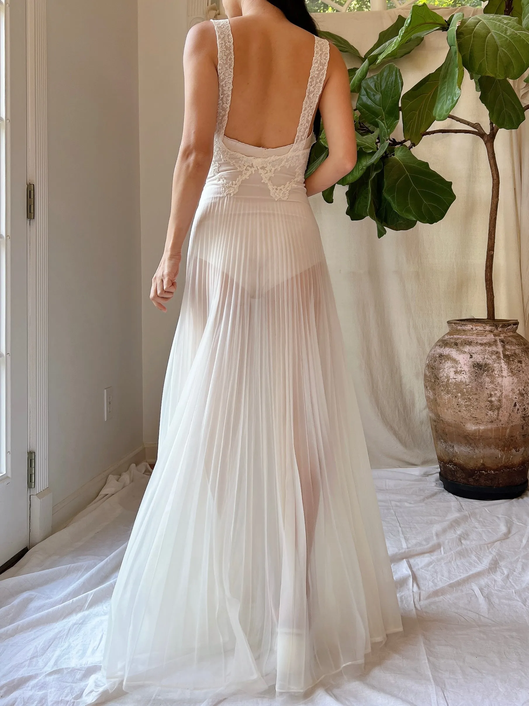 1940s Crystal Pleated Nylon Sheer Slip Dress - XS