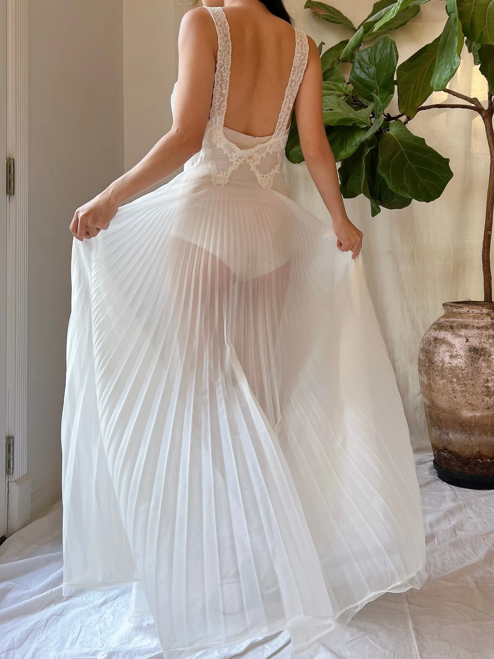 1940s Crystal Pleated Nylon Sheer Slip Dress - XS