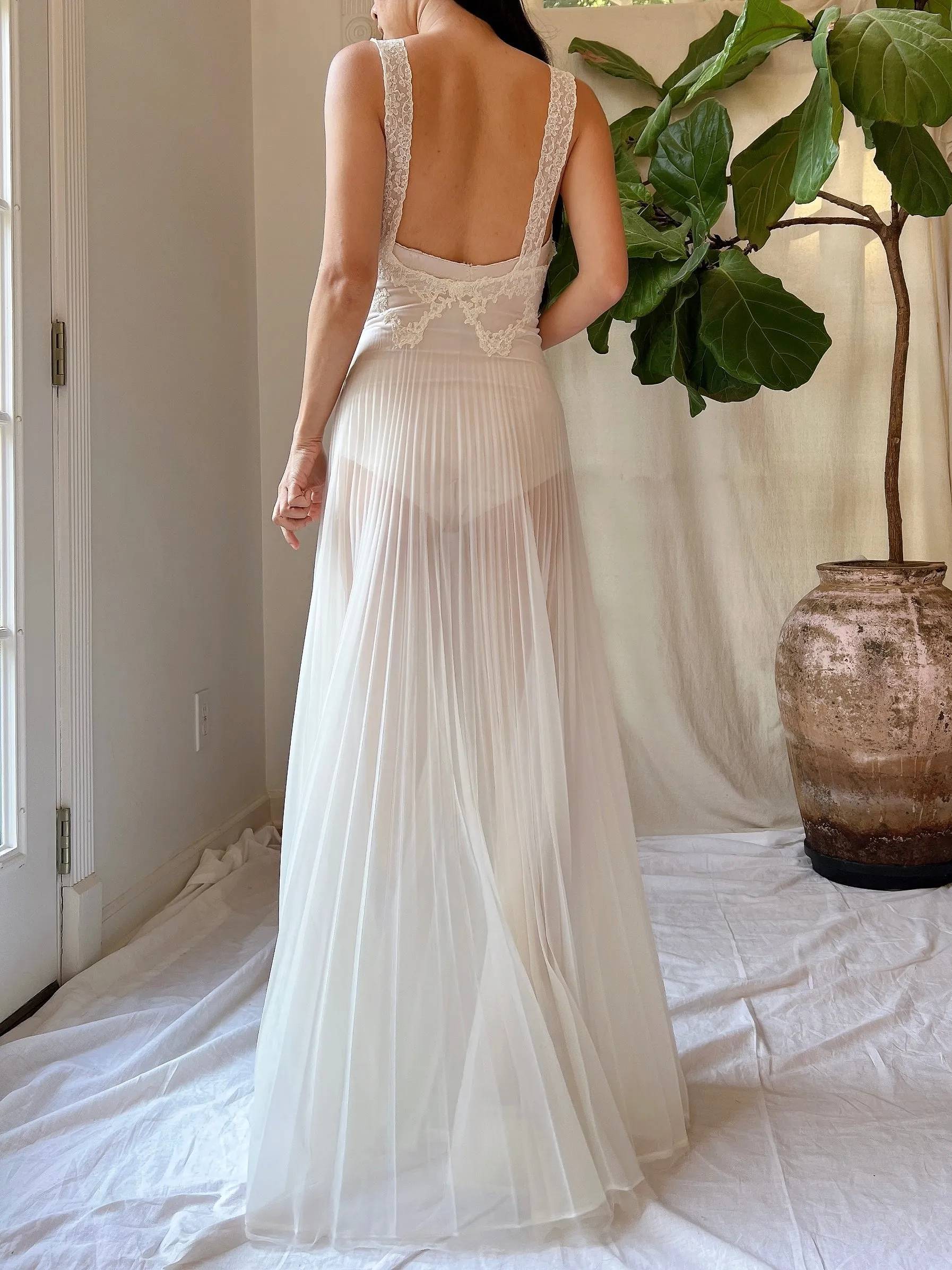 1940s Crystal Pleated Nylon Sheer Slip Dress - XS