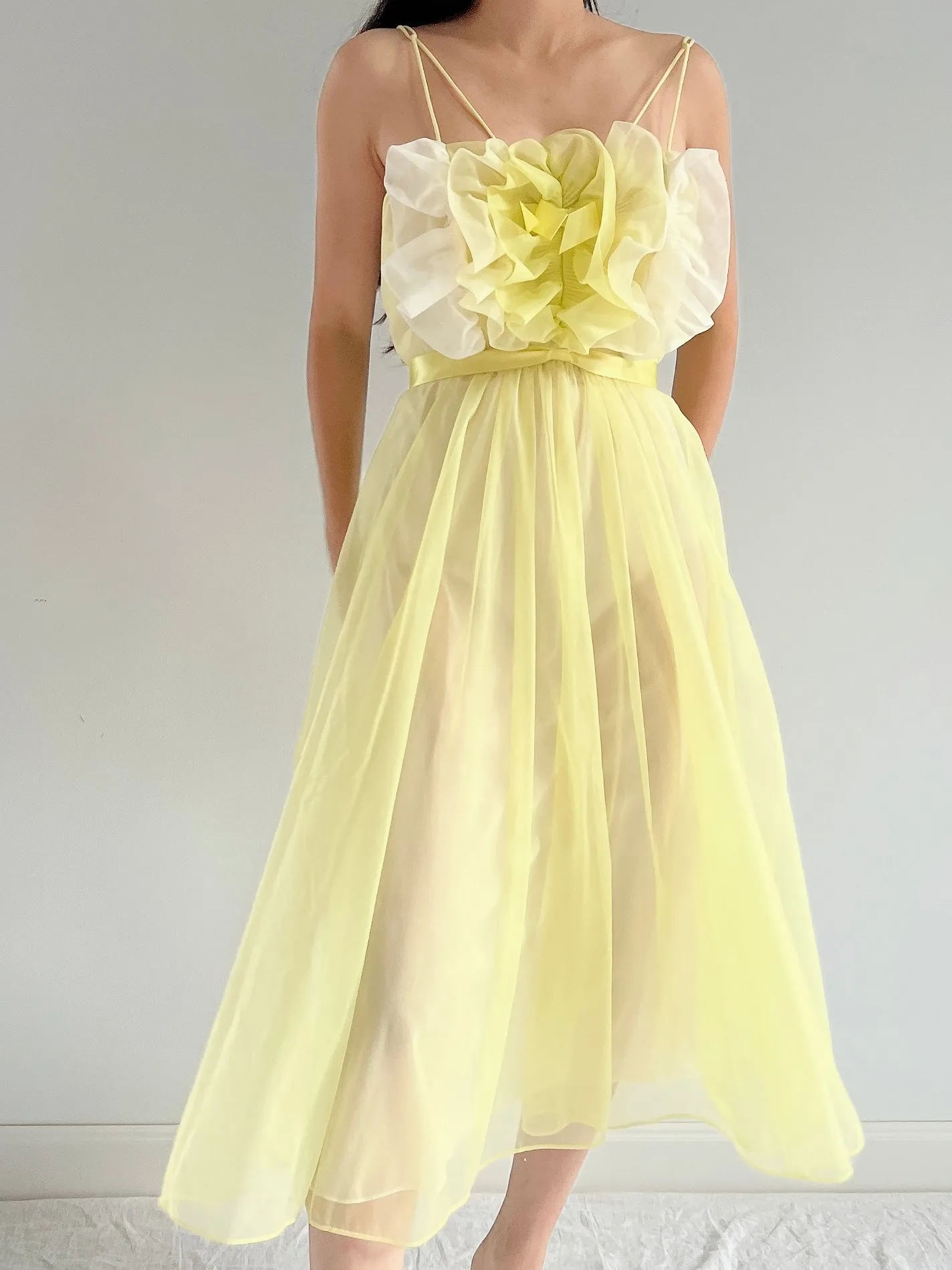 1950s Ombre Chartreuse Ombré Ruffle Slip Dress - S