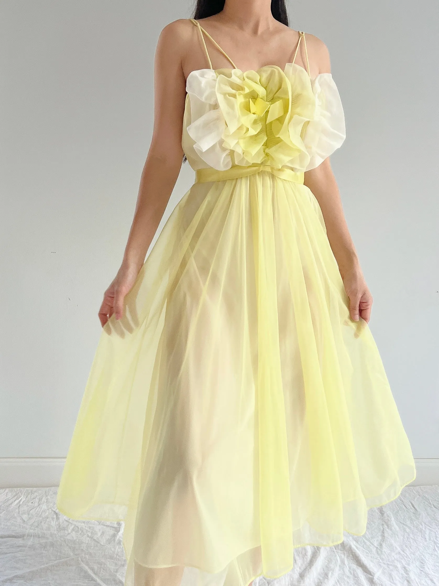 1950s Ombre Chartreuse Ombré Ruffle Slip Dress - S