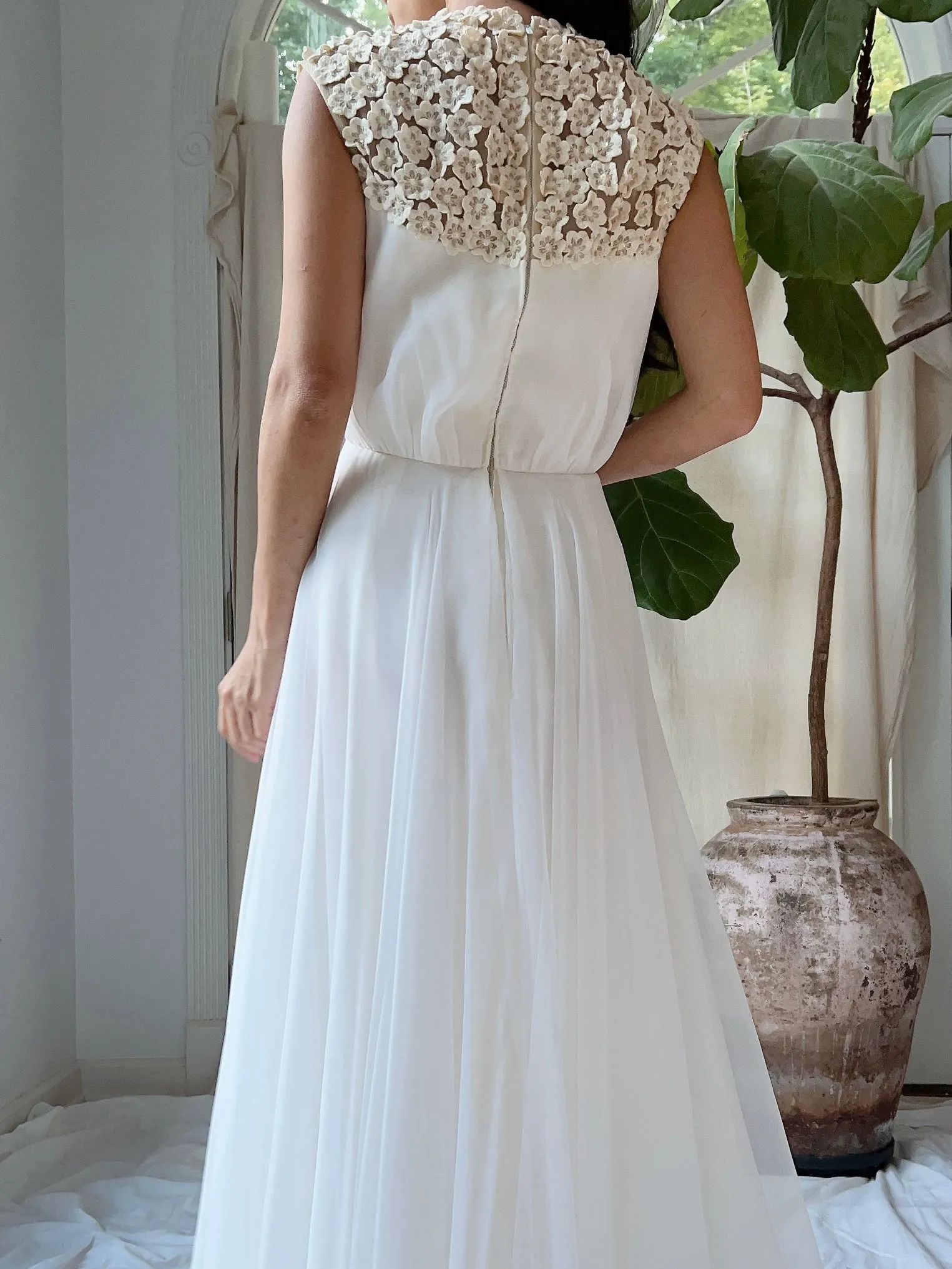 1960s Flower Applique Chiffon Dress - S