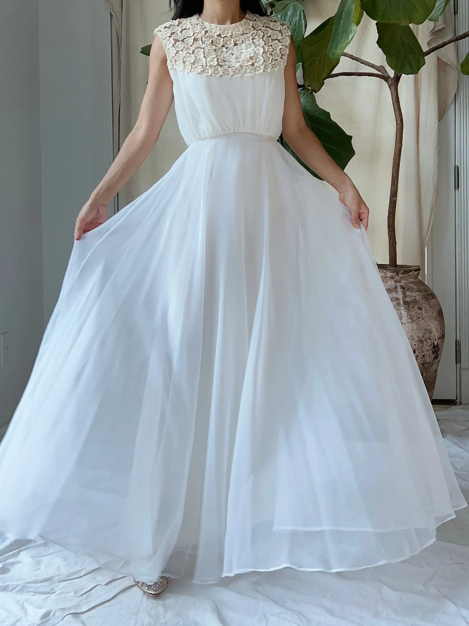 1960s Flower Applique Chiffon Dress - S