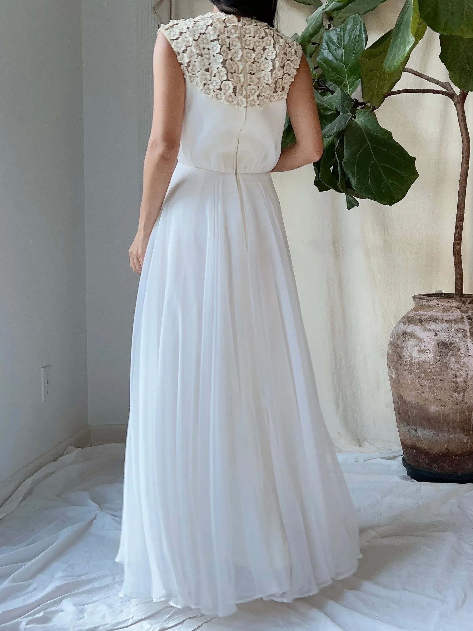 1960s Flower Applique Chiffon Dress - S